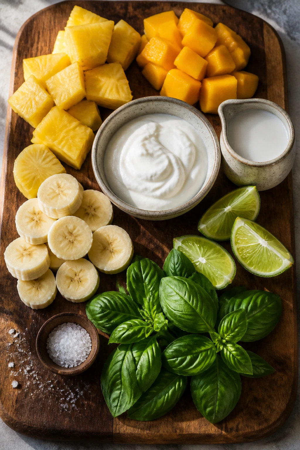 Ingredient lineup on wooden board for tropical basil smoothie