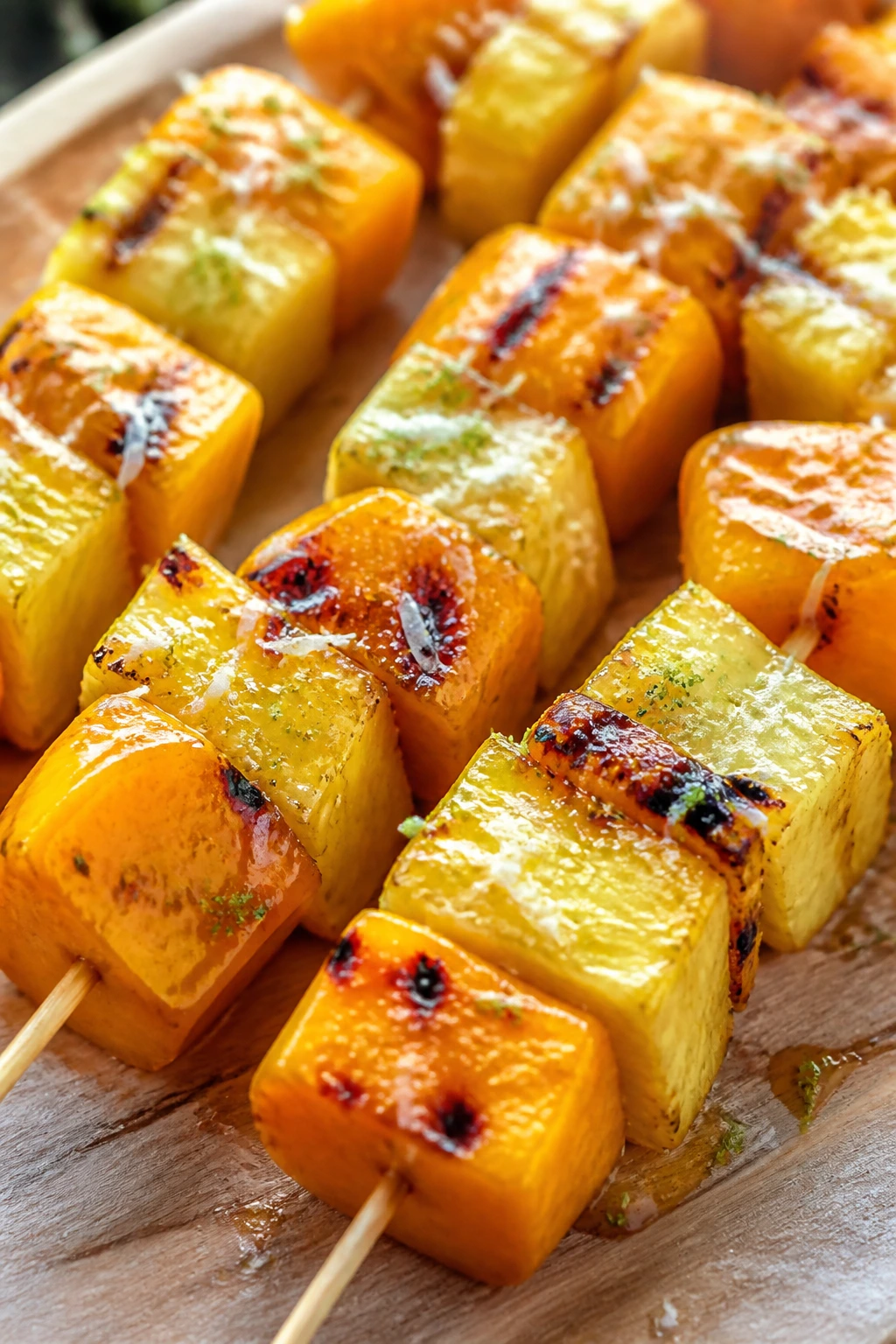 Close-up pineapple mango coconut-lime kebabs on skewers