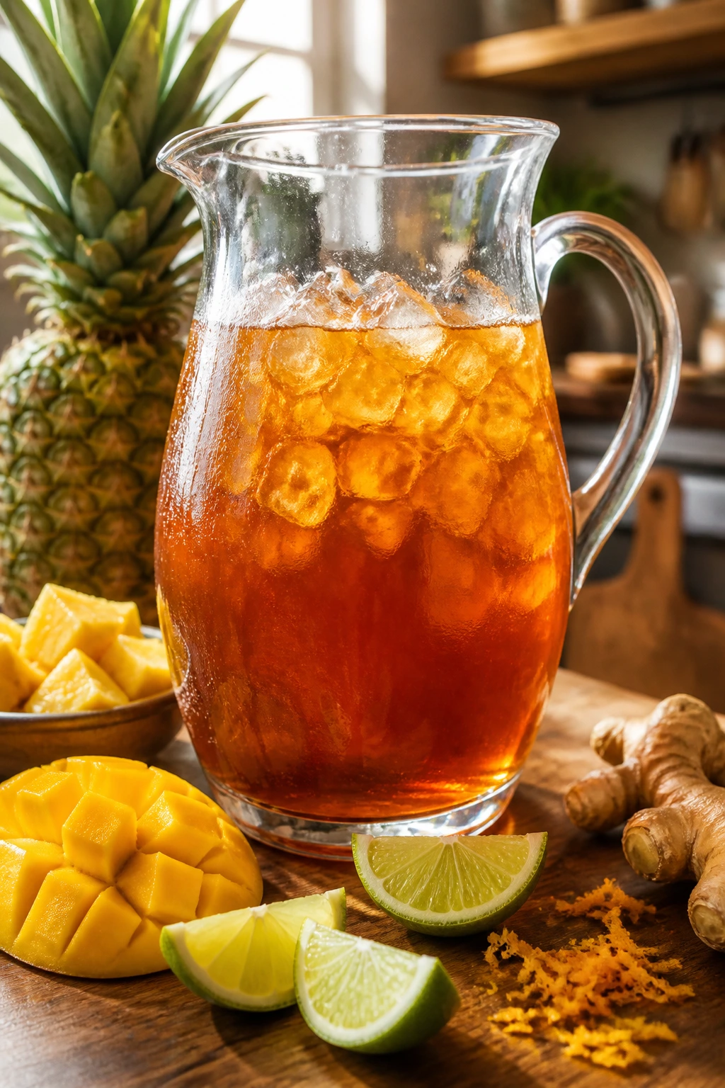 Pitcher with surrounding fruit ingredients on kitchen counter