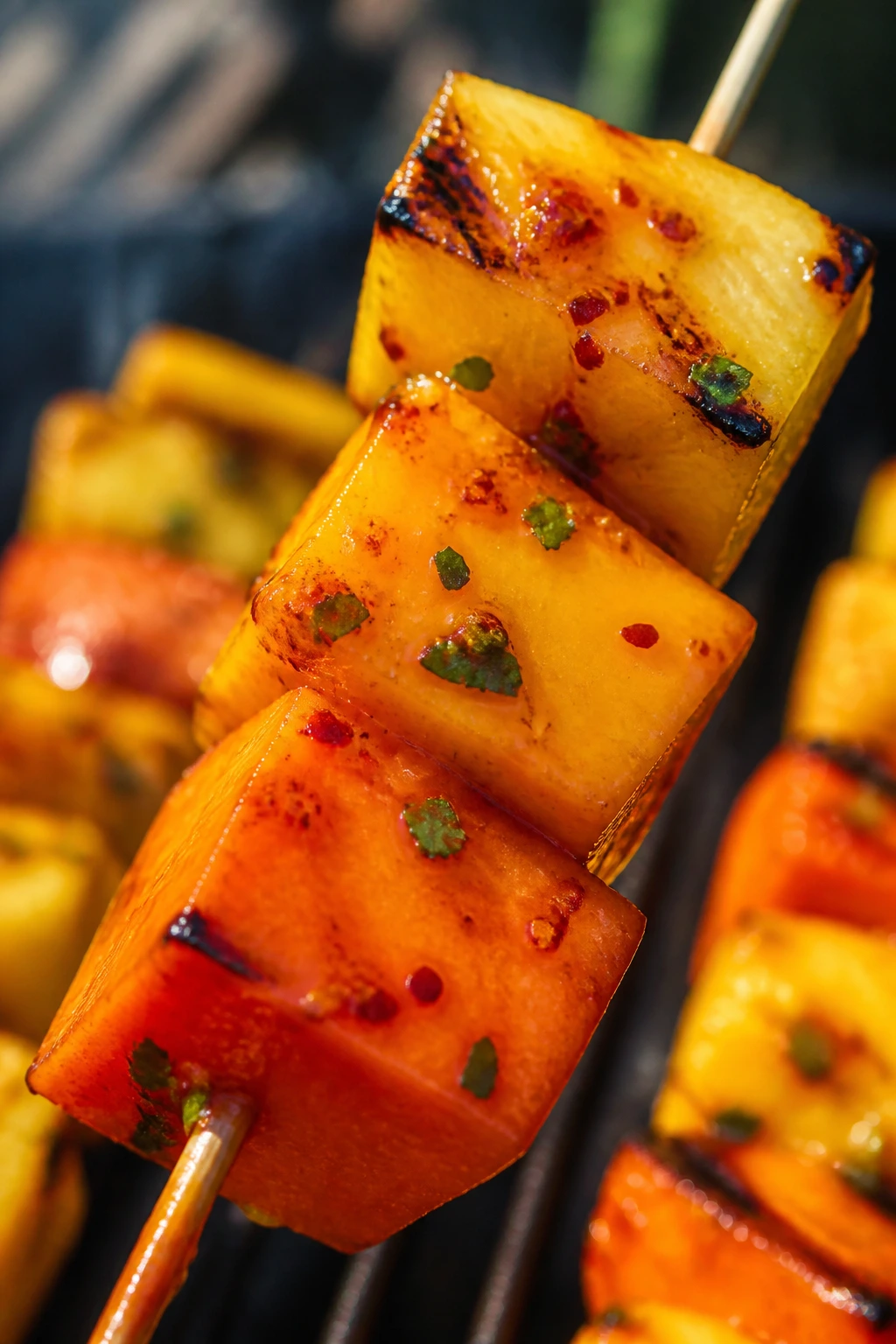 Tropical fruit skewers with chili-lime glaze on grill