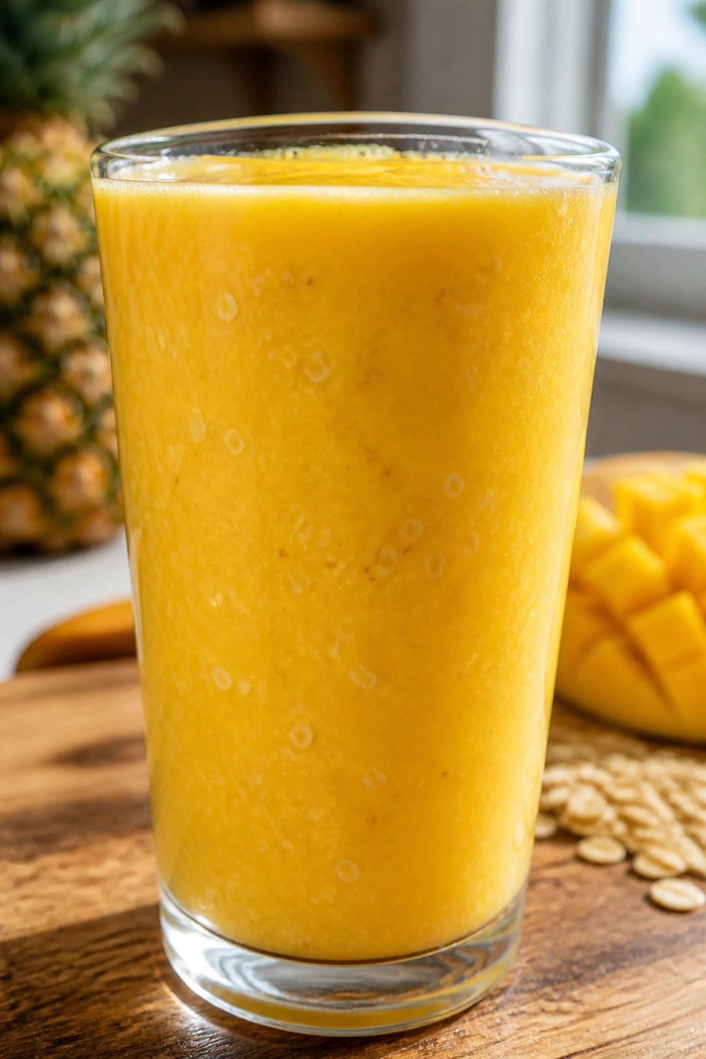 Close-up of Pineapple Mango Oat Smoothie in a glass on a sunny kitchen counter