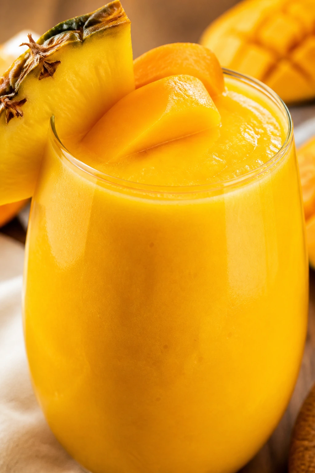 Glass of Pineapple Mango Sunrise smoothie in sunlit kitchen
