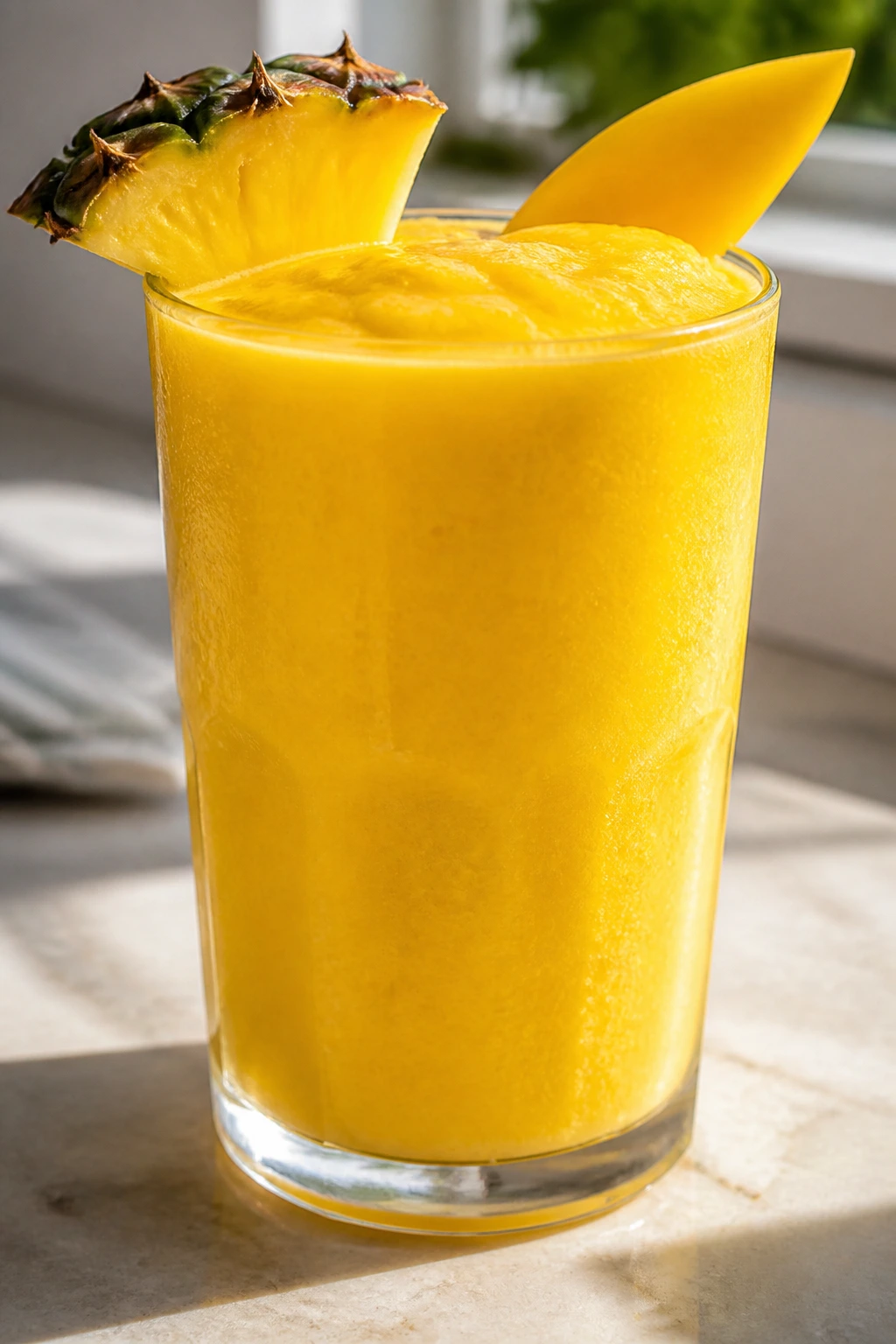 Bright turmeric-infused pineapple mango smoothie in glass with condensation