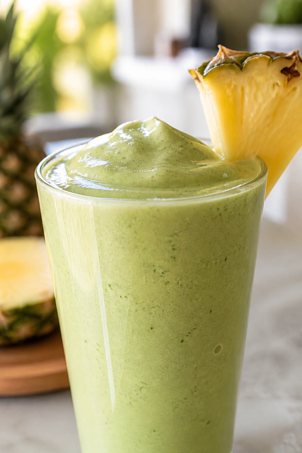Pineapple matcha coconut smoothie in glass on bright kitchen counter