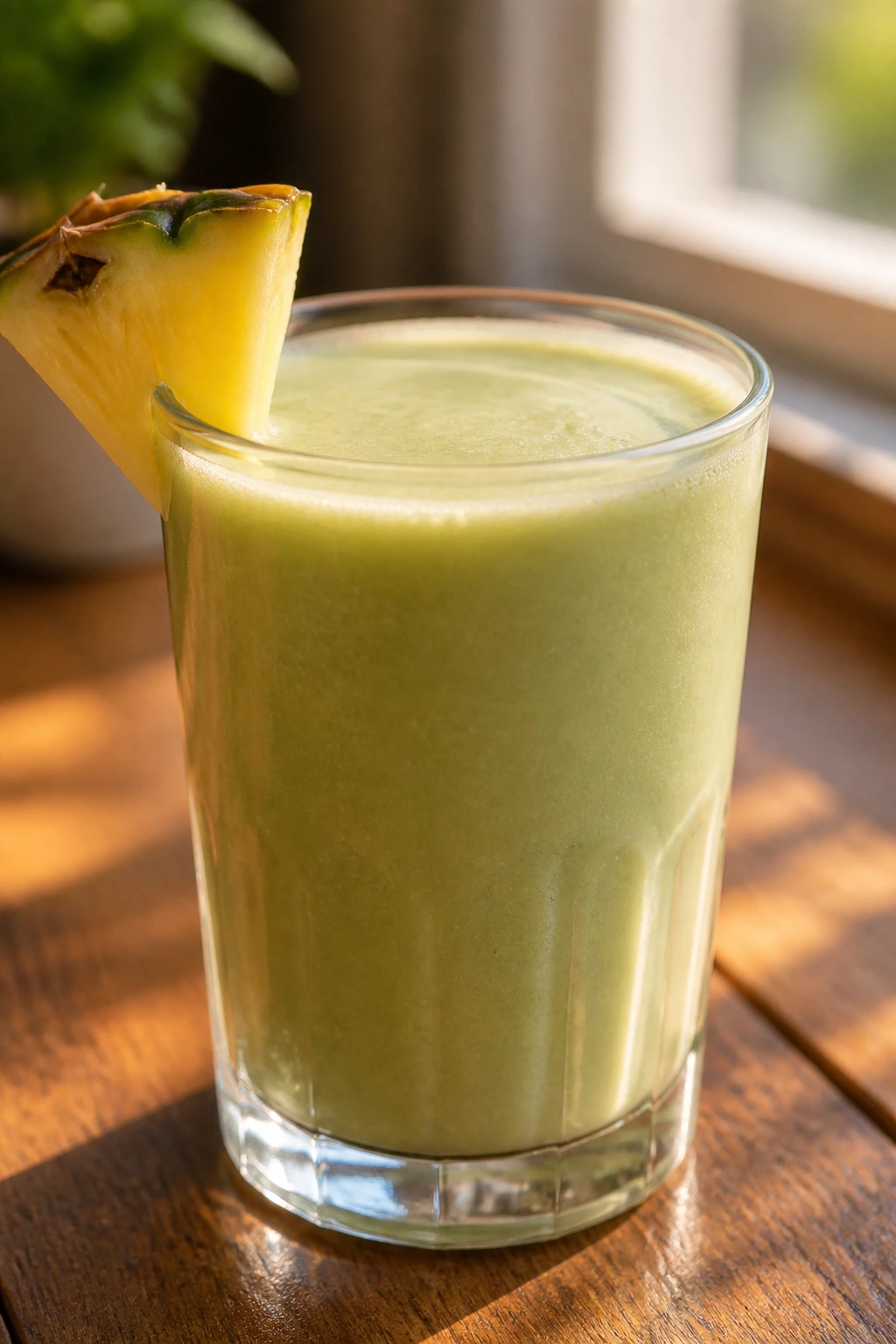 Pineapple Matcha Oat smoothie in glass with pale green color and creamy texture