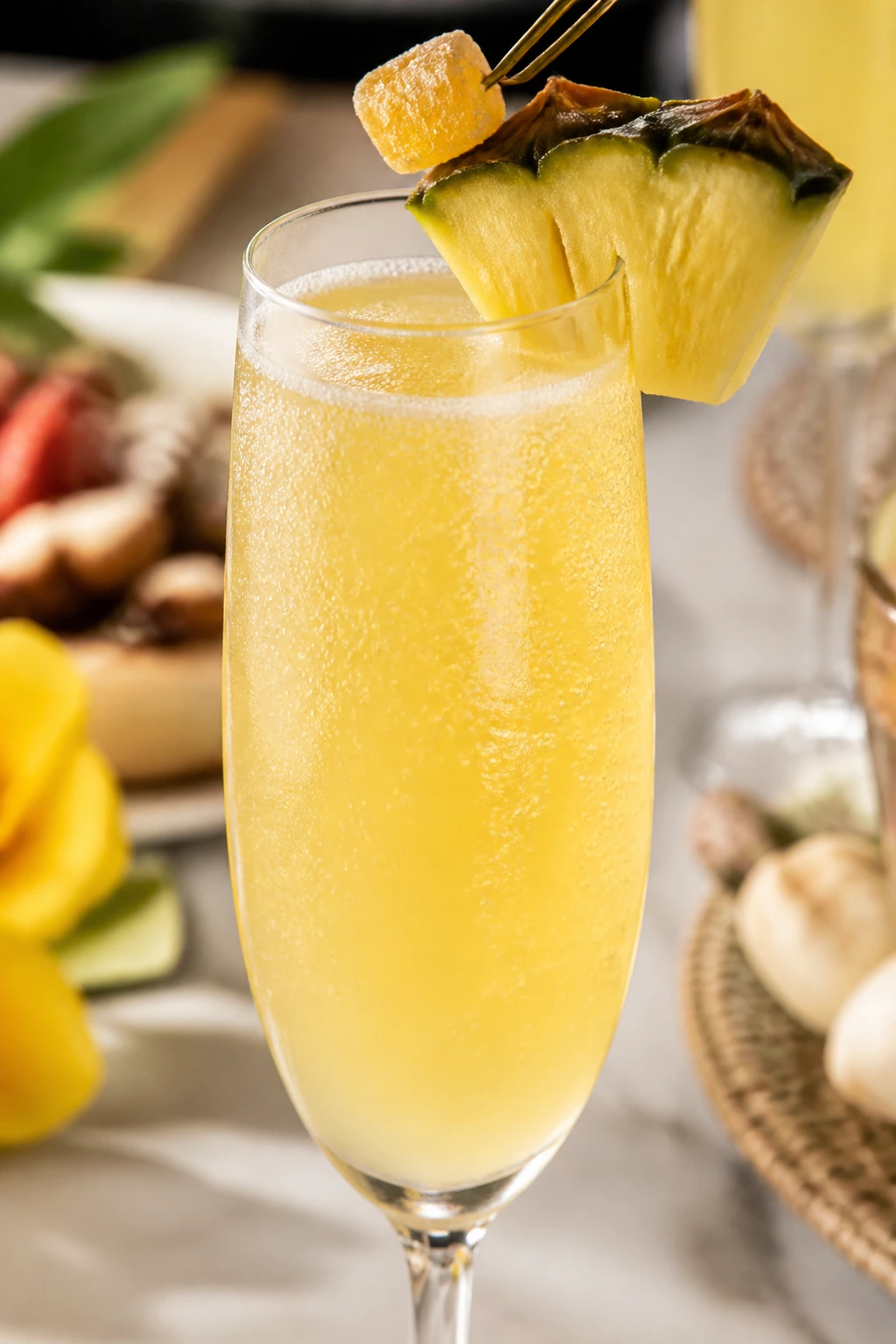 Pineapple Ginger Mimosa close-up with pineapple wedge and candied ginger