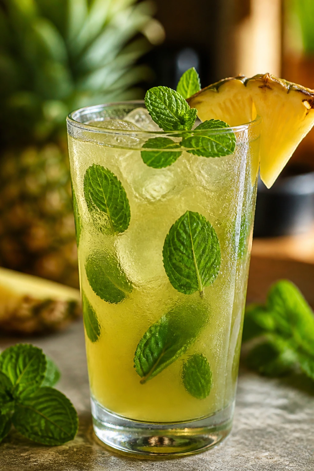 Close-up of pineapple mint green tea in a glass with mint