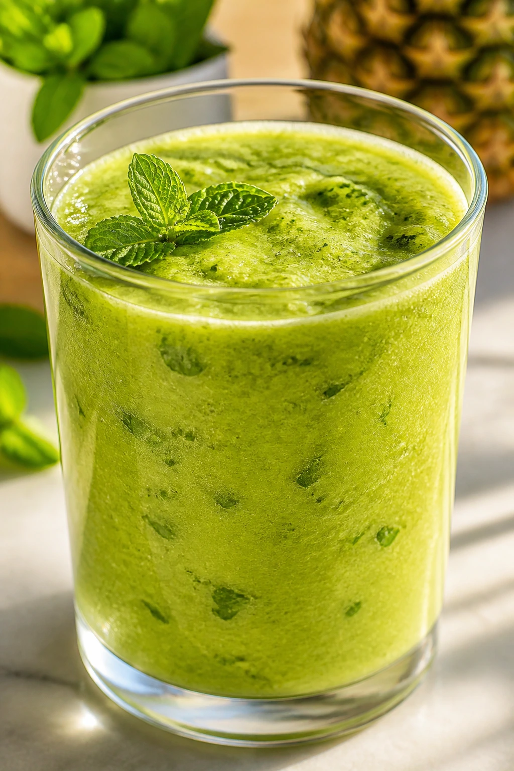 Close-up of a pineapple mint green smoothie in a glass