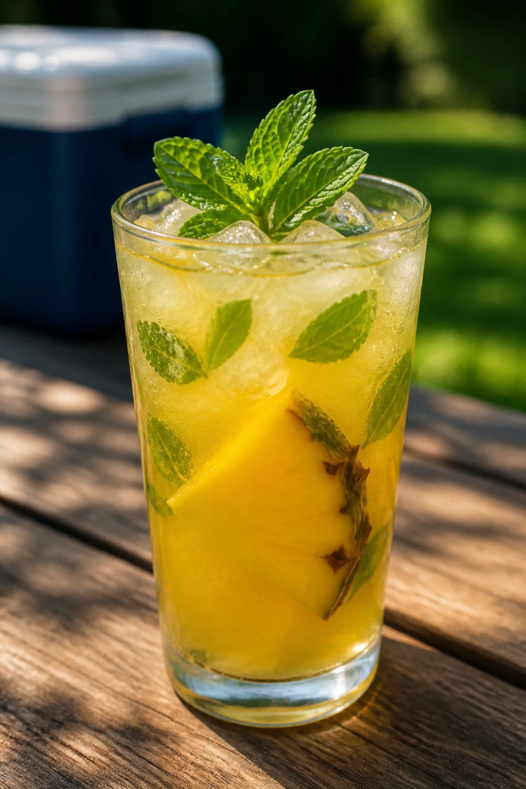 Close-up of pineapple mint punch in a glass on a sunny picnic table