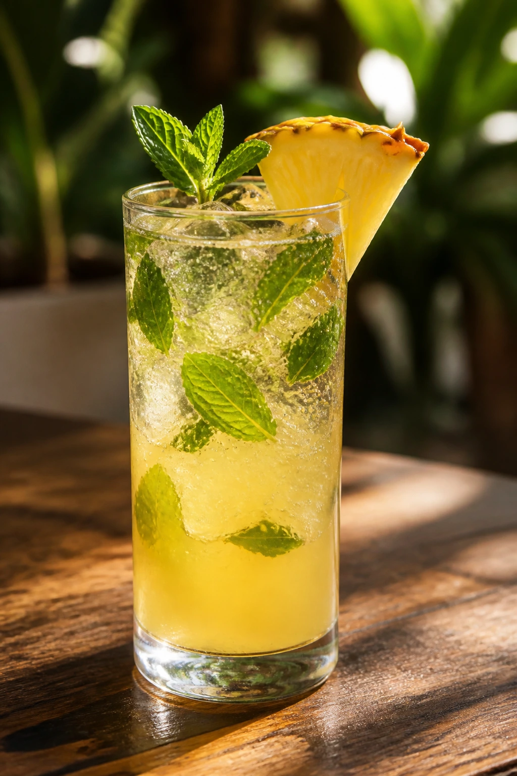 Close-up of a pineapple mint sparkler in a tall glass on a sunlit patio