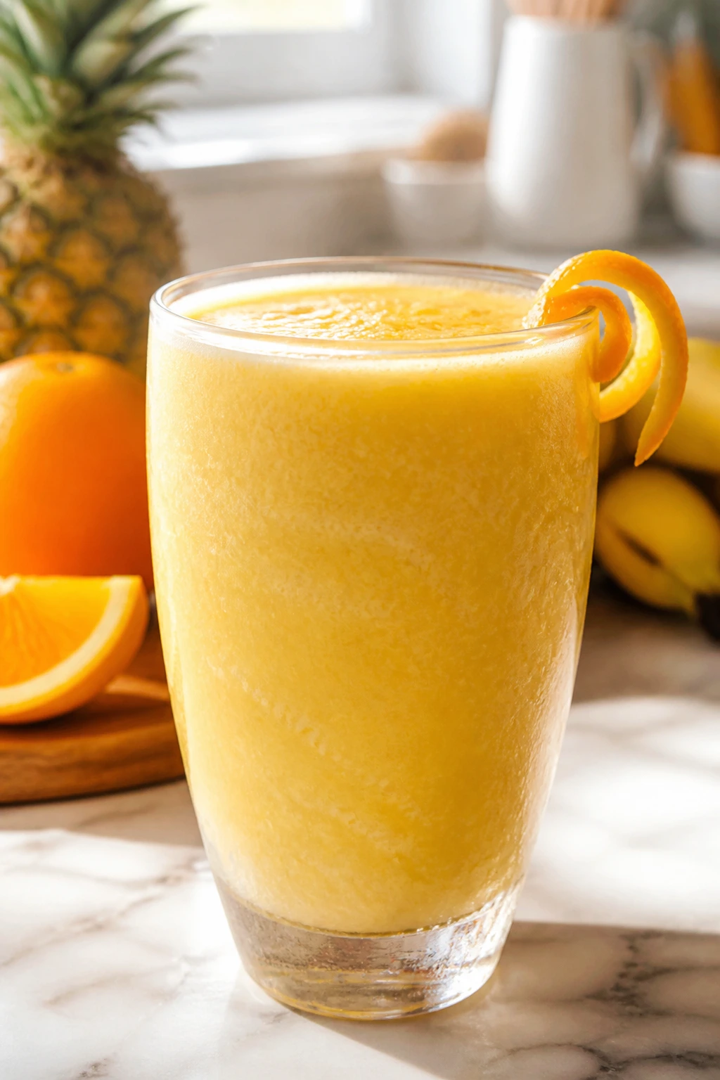 Pineapple Orange Banana Smoothie in glass with orange twist on rim