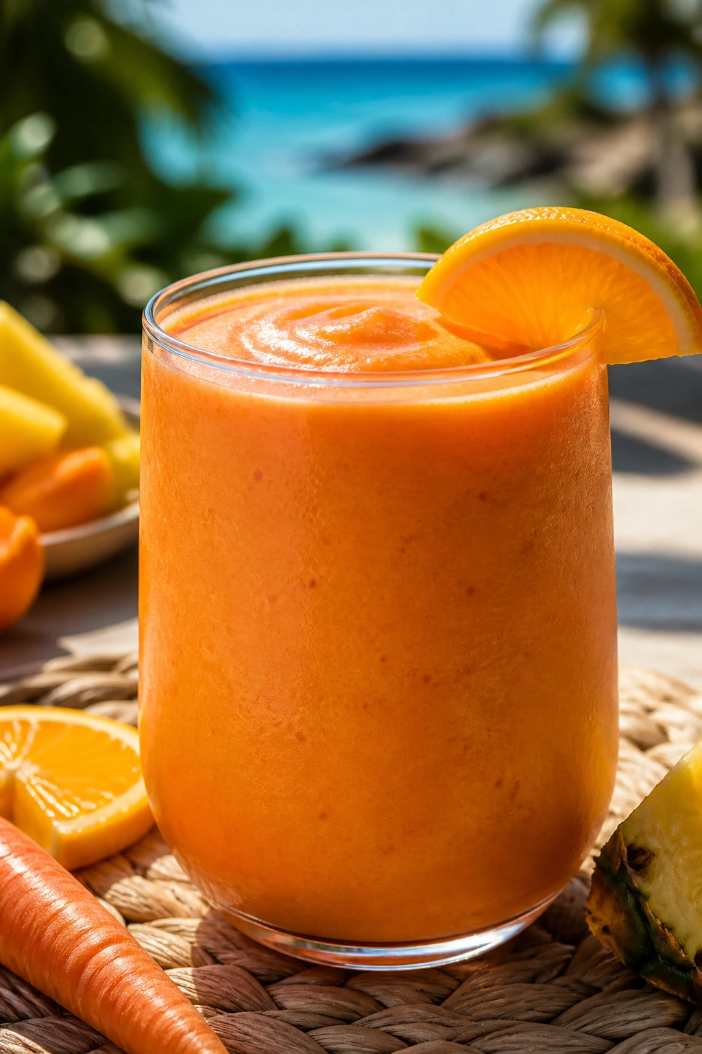 Close-up of Pineapple Orange Carrot Smoothie in a glass on a sunny outdoor table
