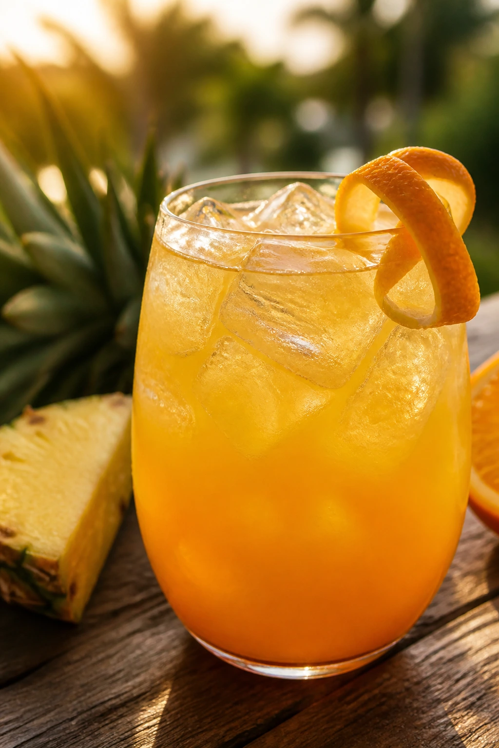 Close-up of Sunset Pineapple-Orange Rum Punch on a sunny outdoor table