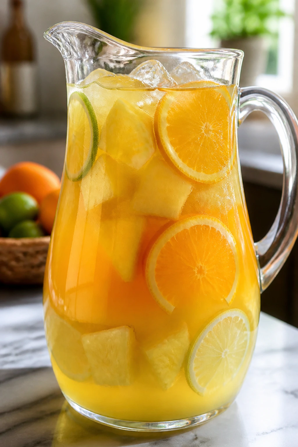 Glass pitcher with pineapple, orange, and white grape juice