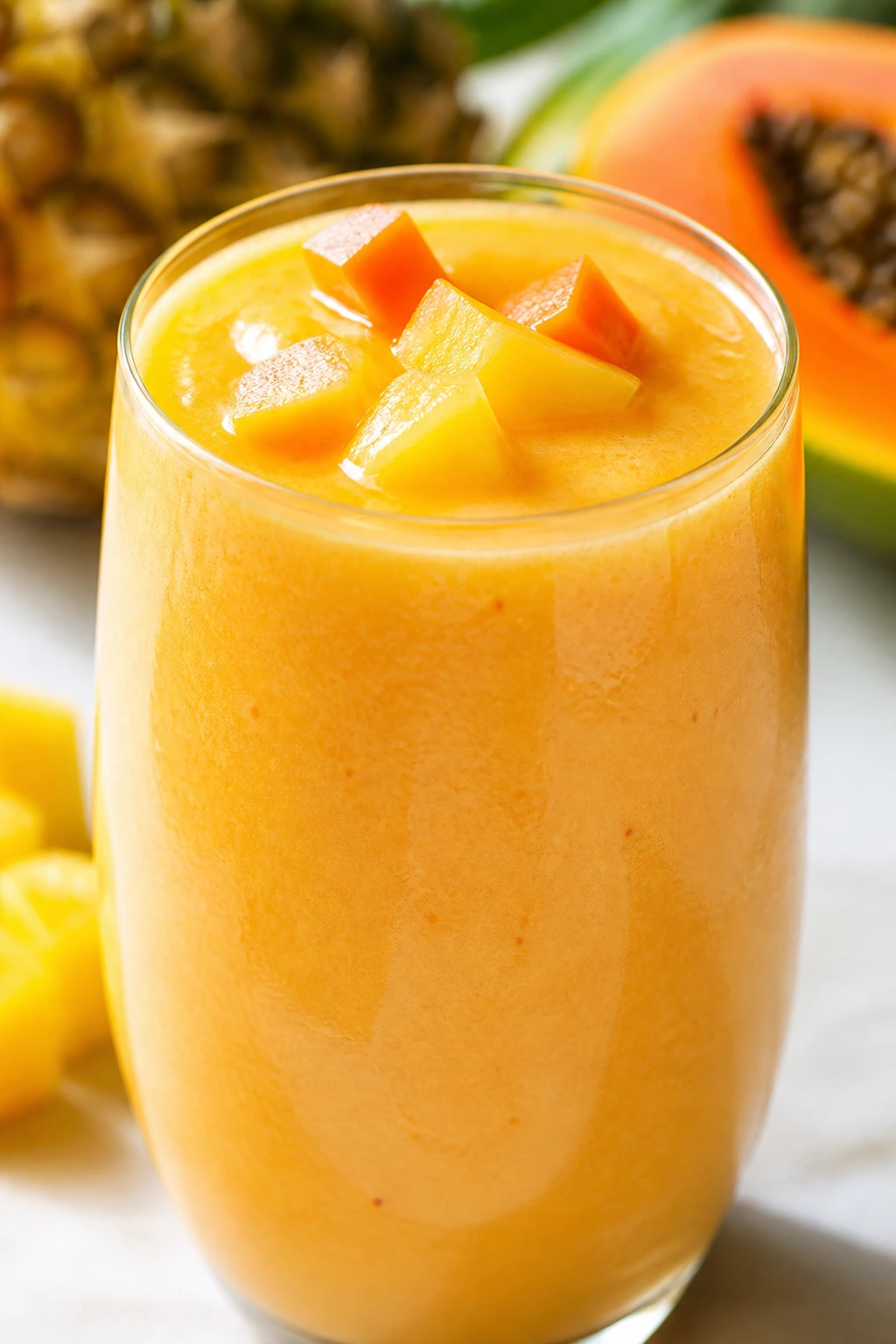 Close-up of a Pineapple Papaya Lush smoothie in a glass on a kitchen counter