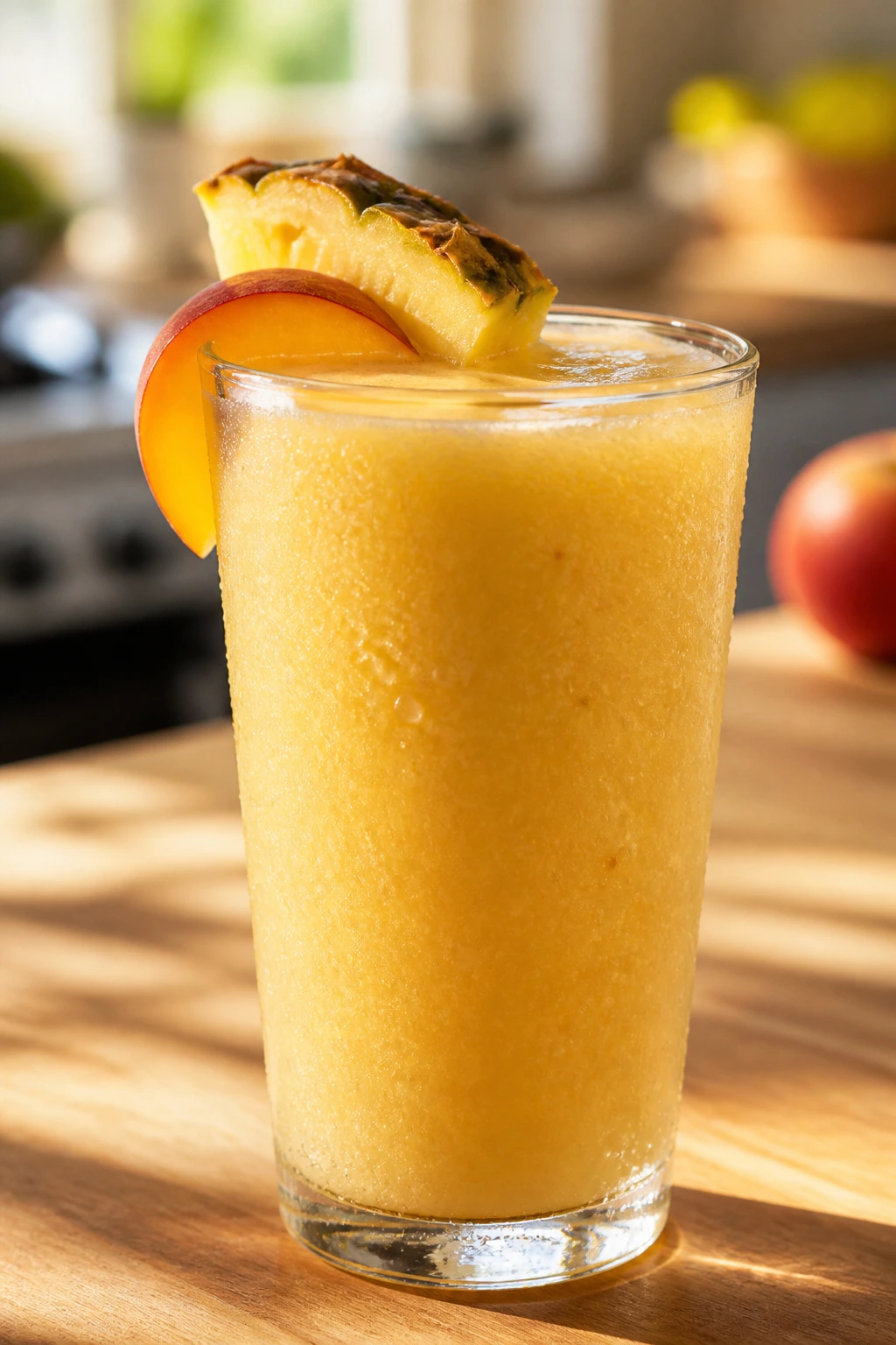 Close-up of a pale golden Pineapple Peach Breeze smoothie in a tall glass on a wooden kitchen counter