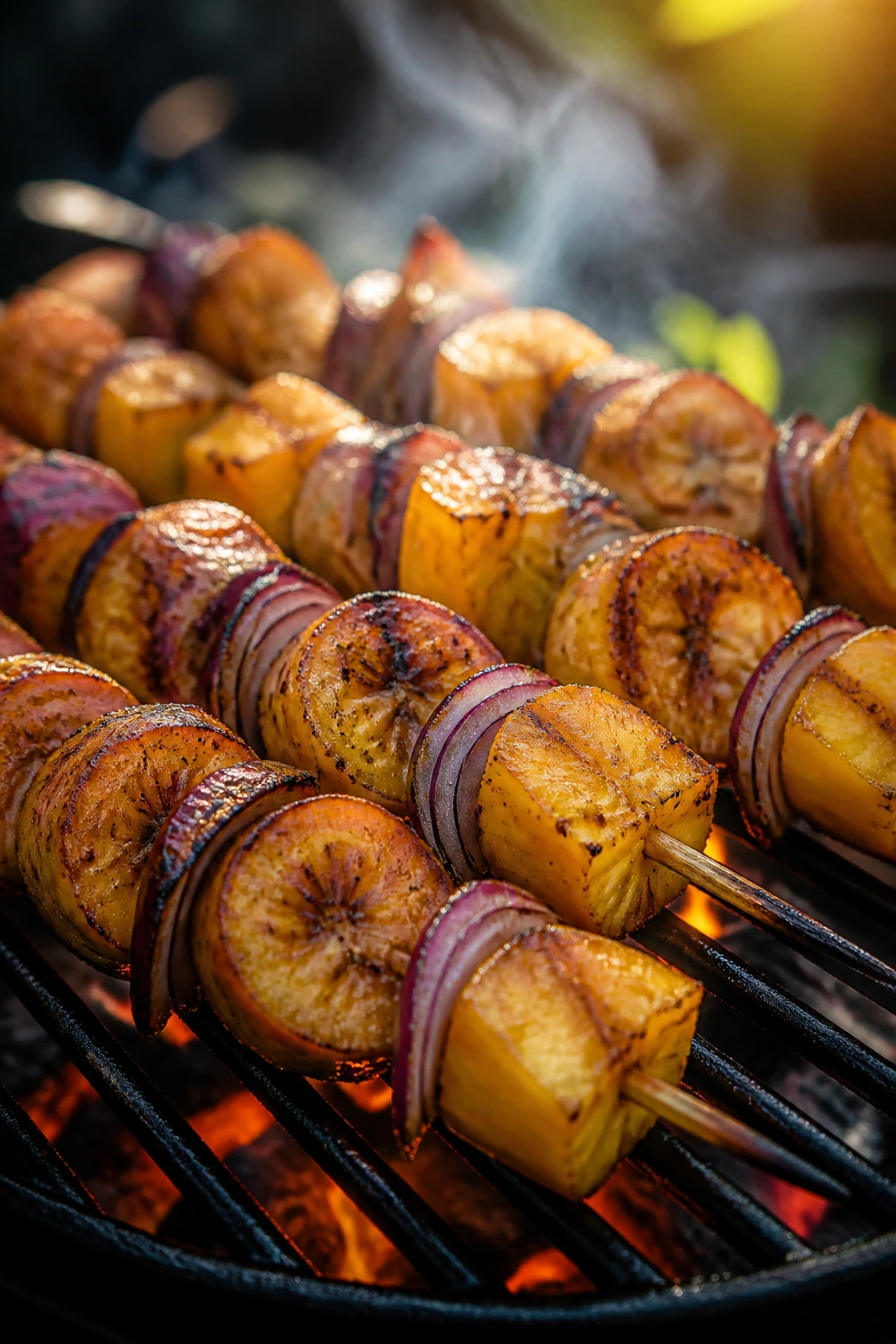 Close-up of jerk-spiced pineapple and plantain skewers caramelizing on a grill