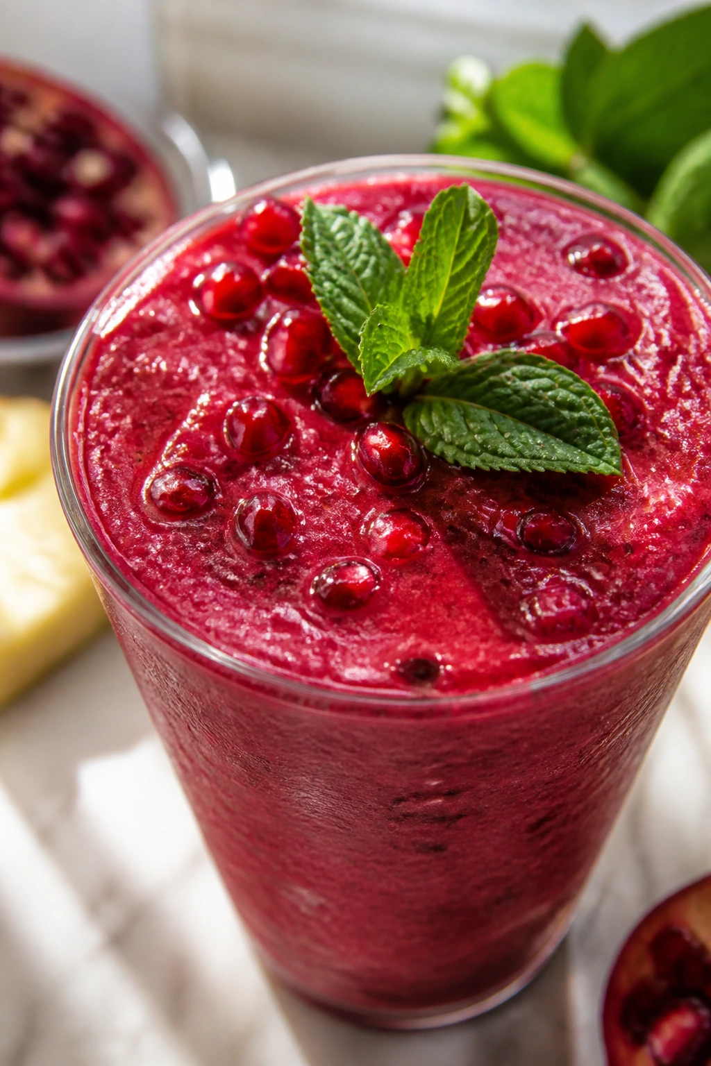Close-up of ruby-red pineapple pomegranate mint smoothie in a glass with a mint sprig