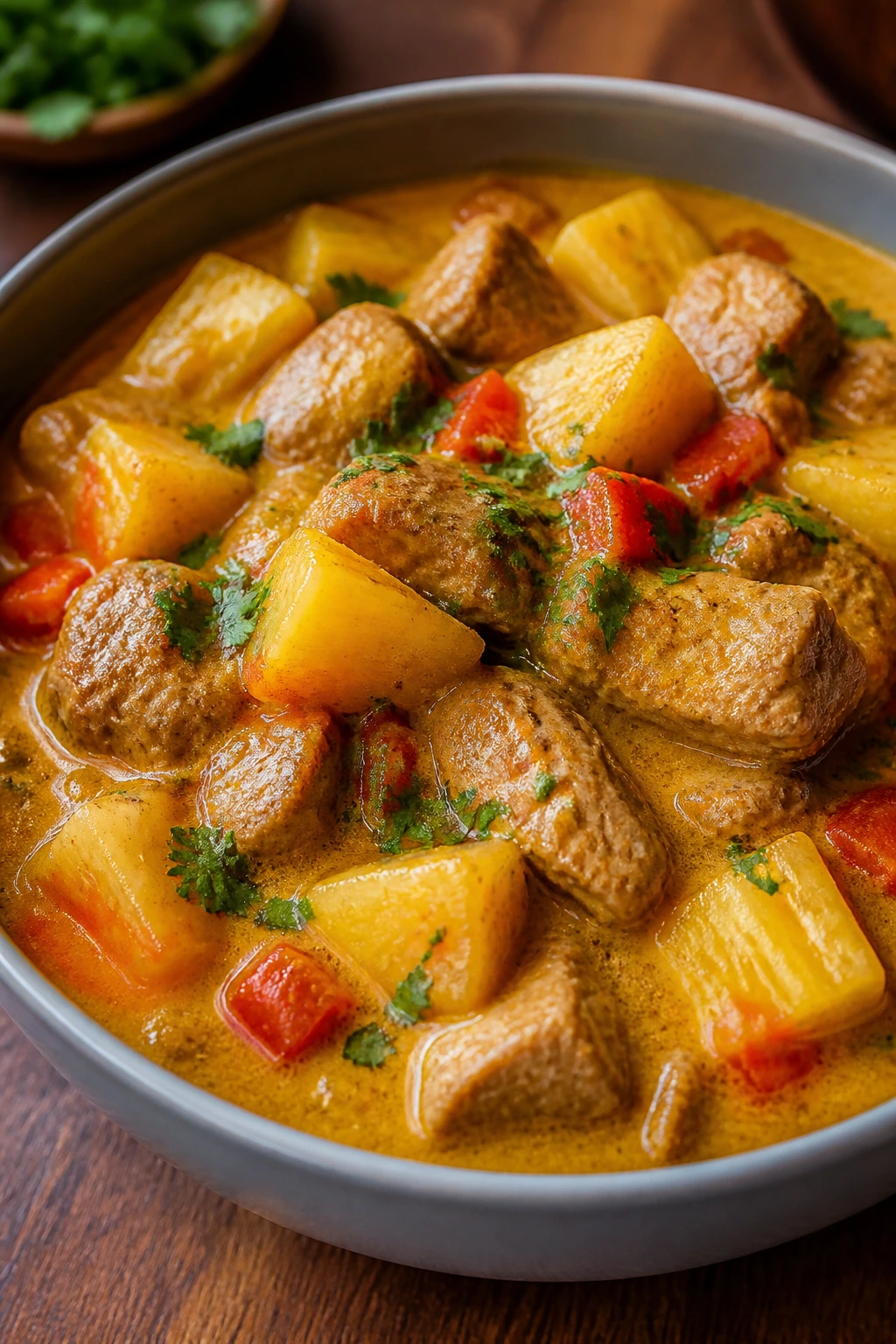 Pineapple pork curry with pork and pineapple in coconut curry