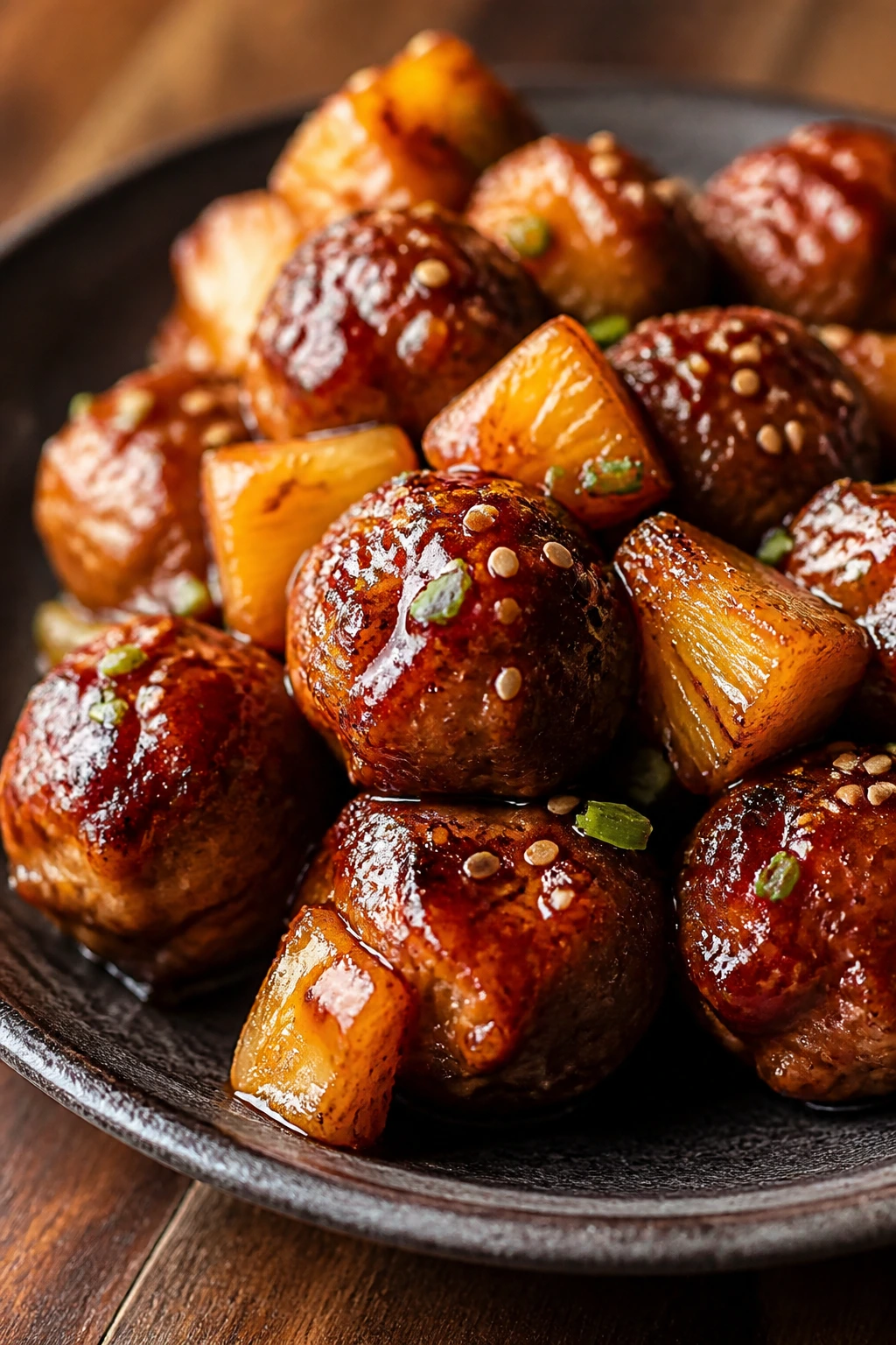 Close-up of Pineapple Gochujang Pork Meatballs with glossy glaze on rustic plate