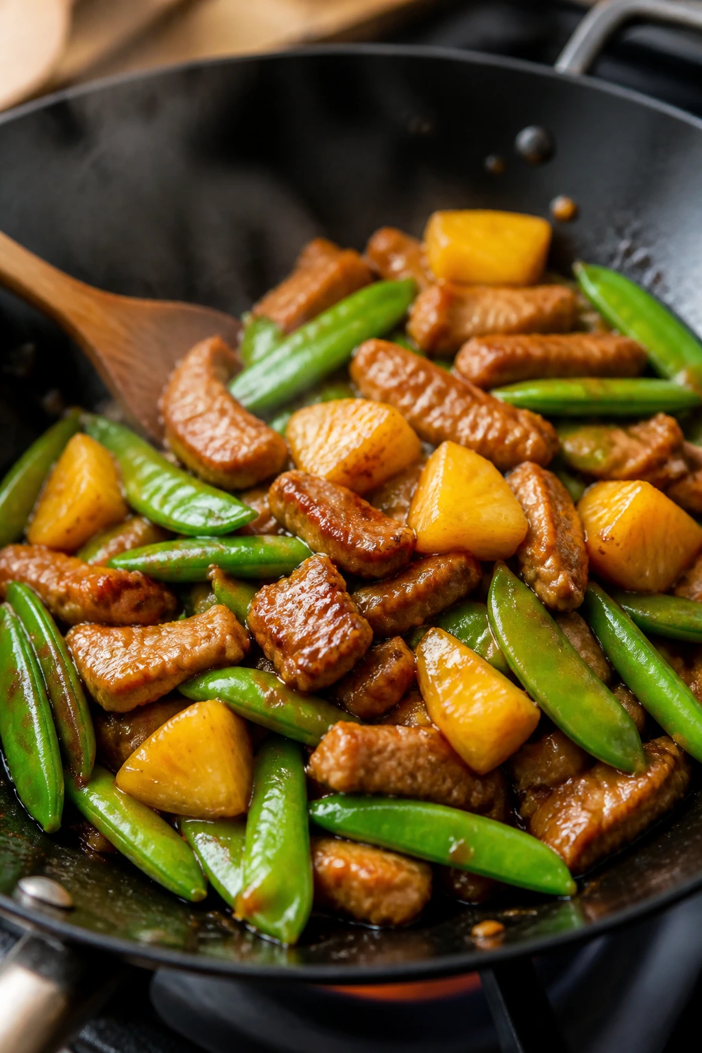 Close-up of pork, pineapple, and snap peas in stir-fry glaze.