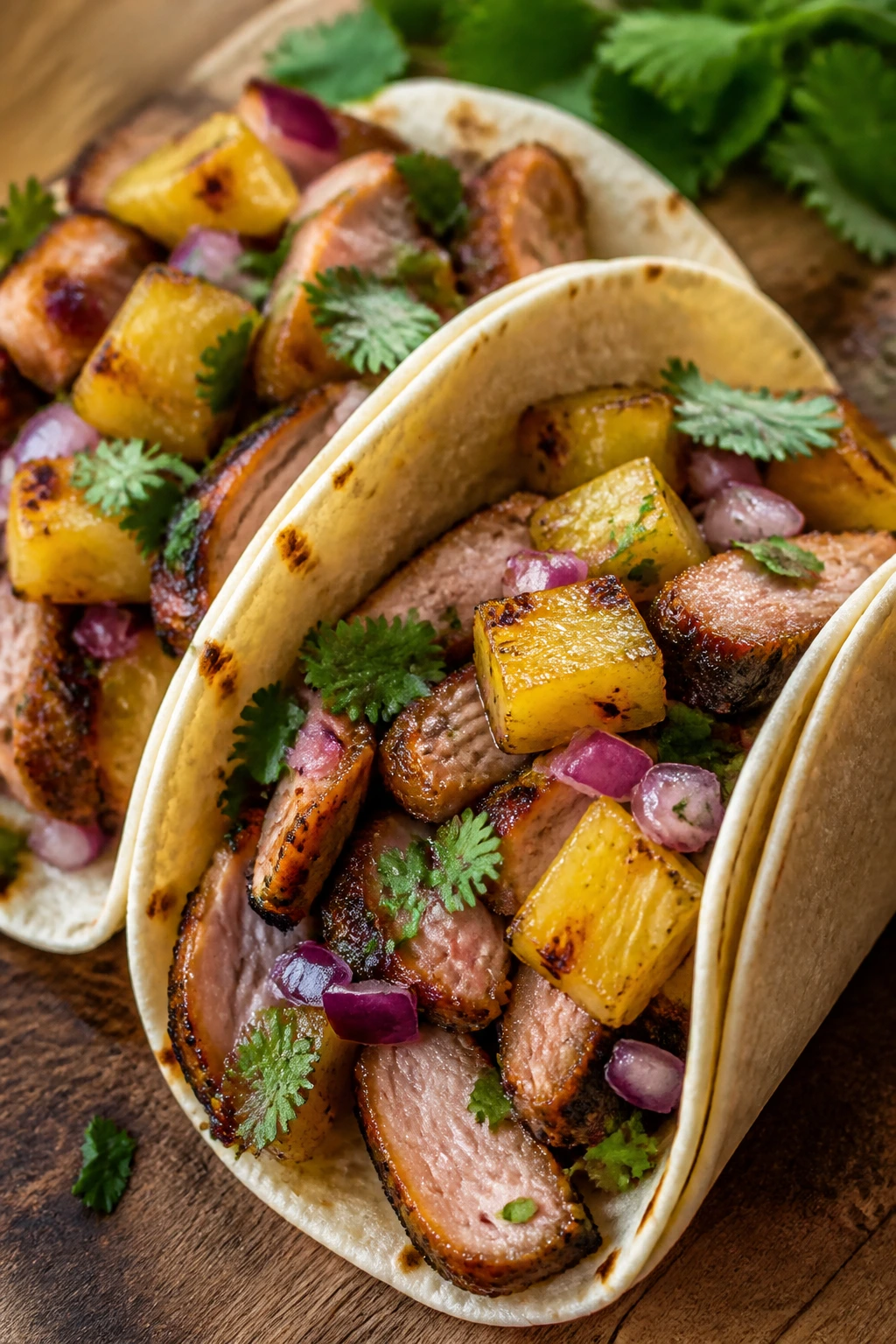Tacos filled with pork and pineapple on a wooden board