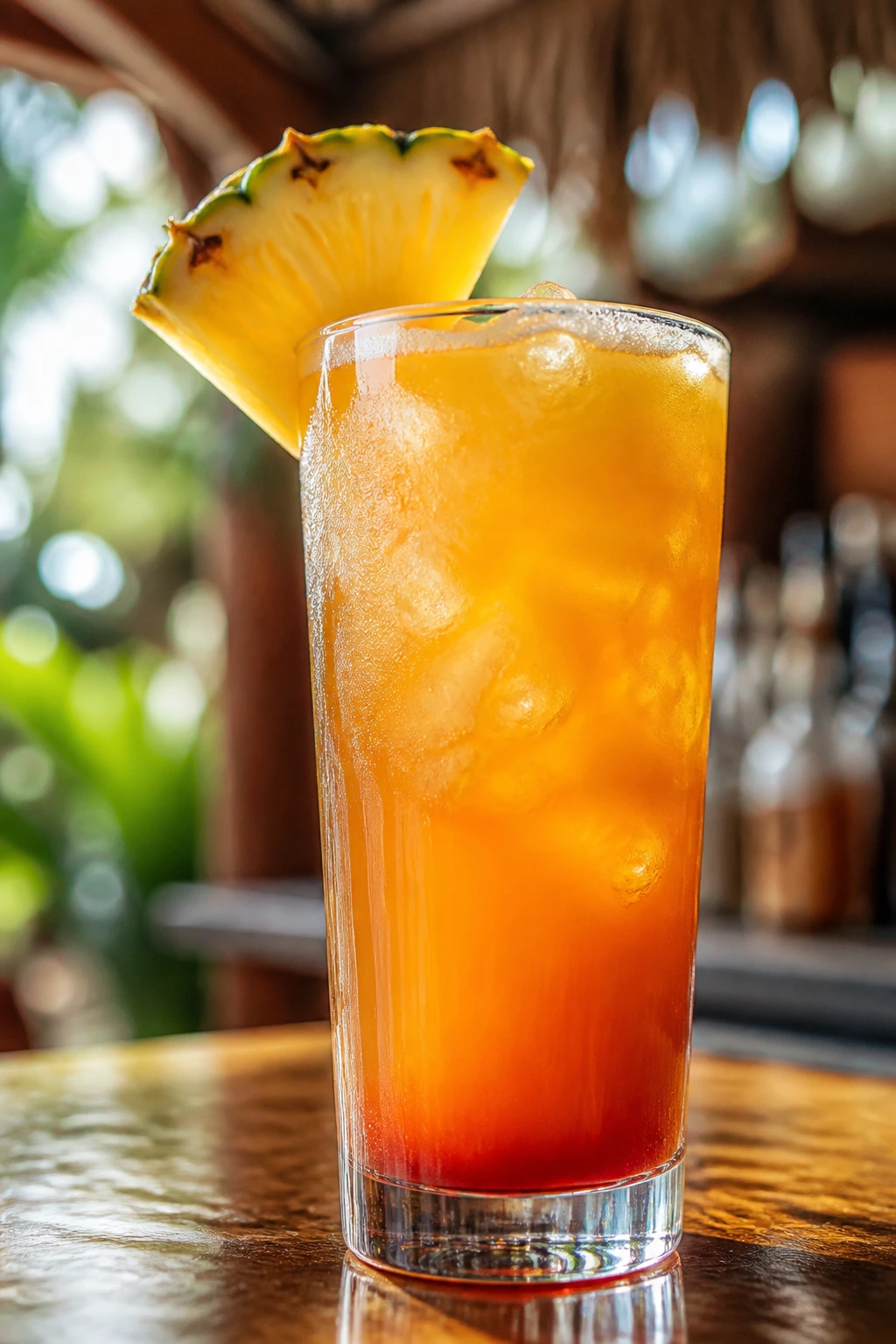 Close-up of pineapple rum punch in a tall glass with garnish