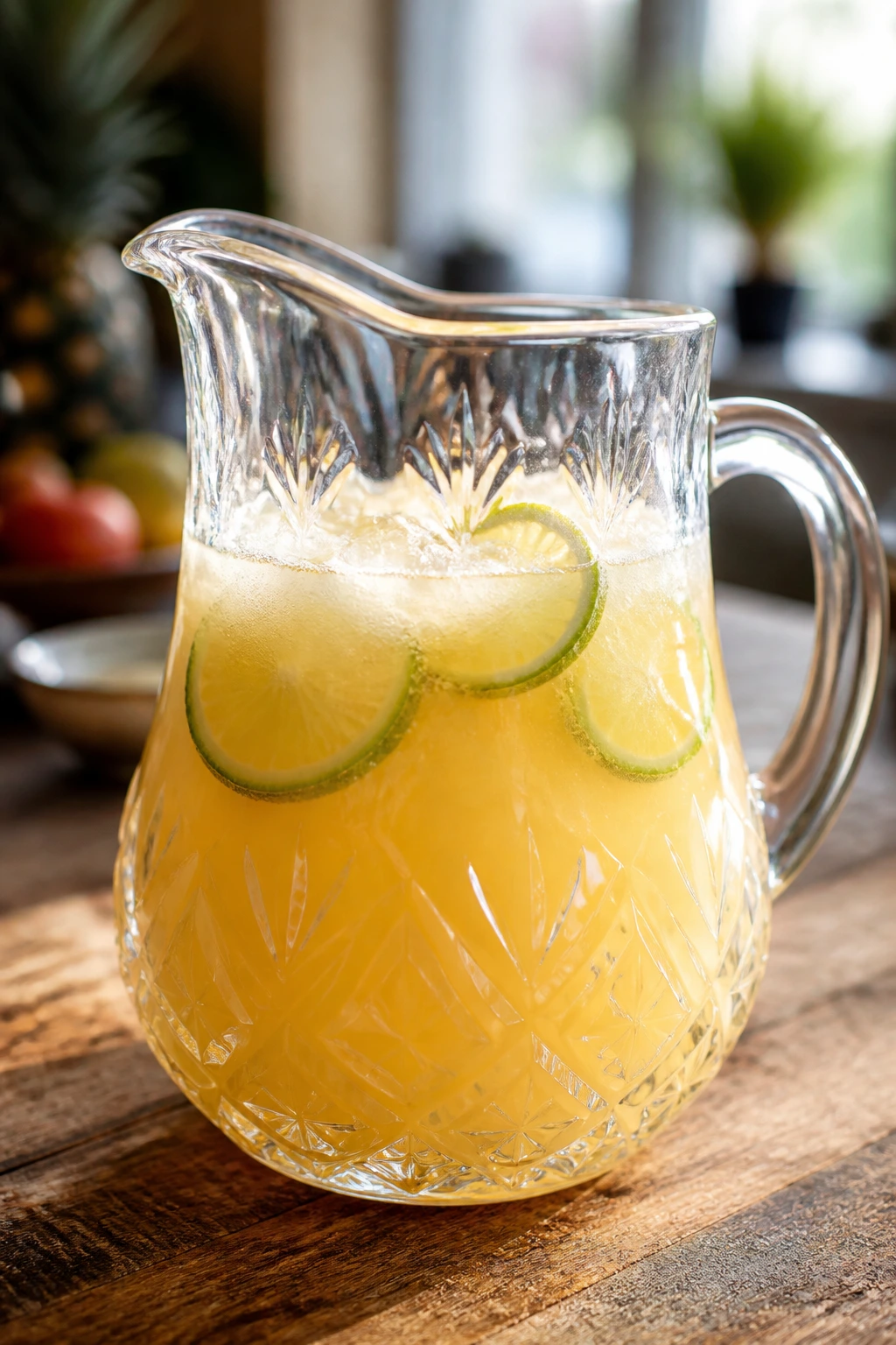Pale gold punch in a crystal pitcher on a wooden counter.