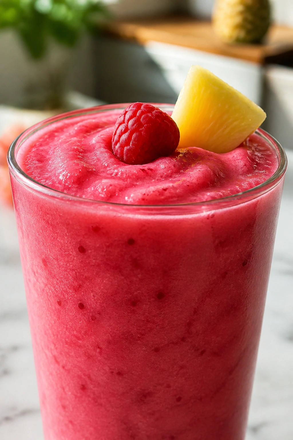 Close-up of a Pineapple Raspberry Tang smoothie in a glass on a kitchen counter