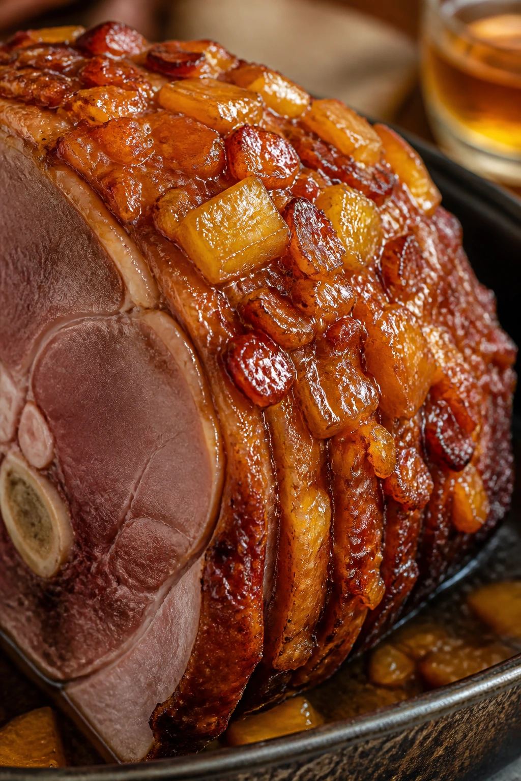 Close-up of pineapple rum glaze on roasted ham