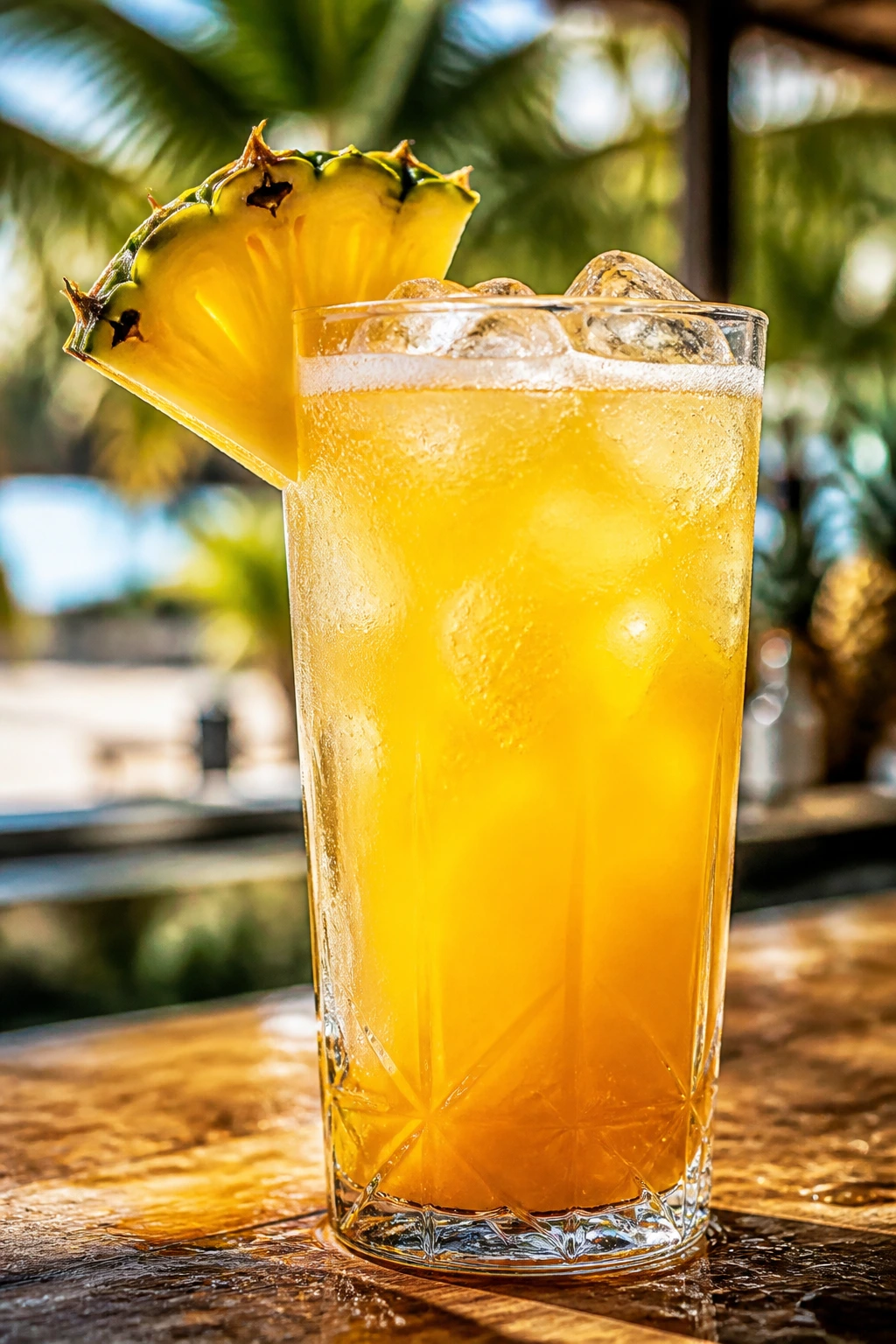 Close-up of Pineapple Rum Punch in a tall glass with pineapple wedge
