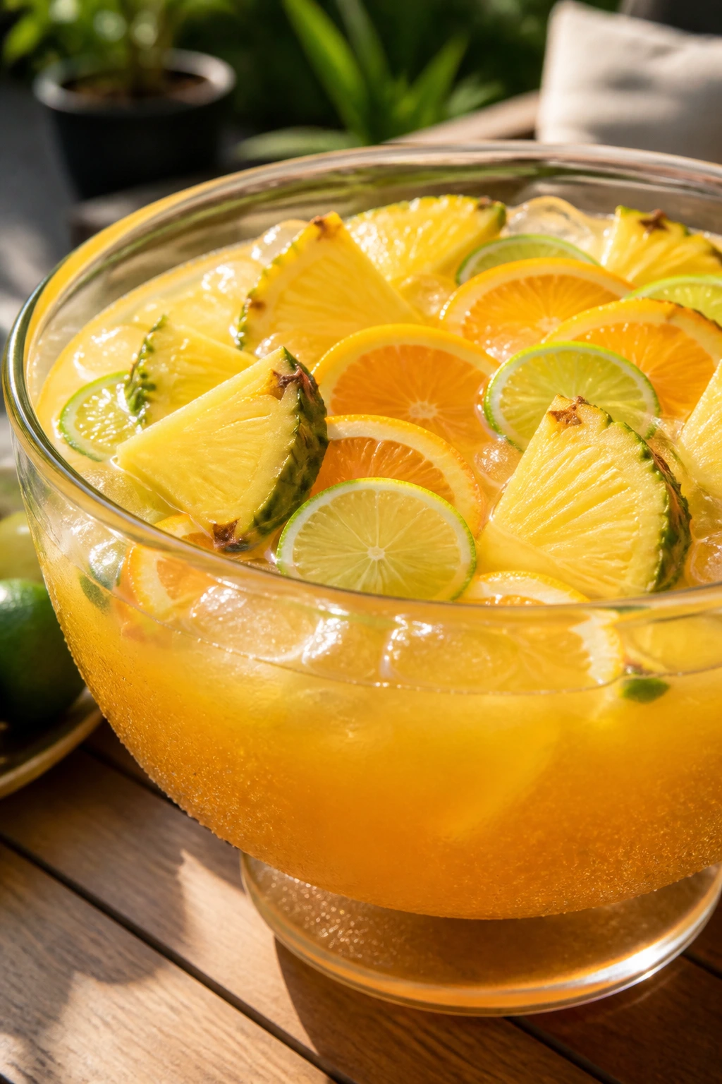 Close-up of Pineapple Rum Punch in a punch bowl with pineapple and orange garnish on a sunny patio
