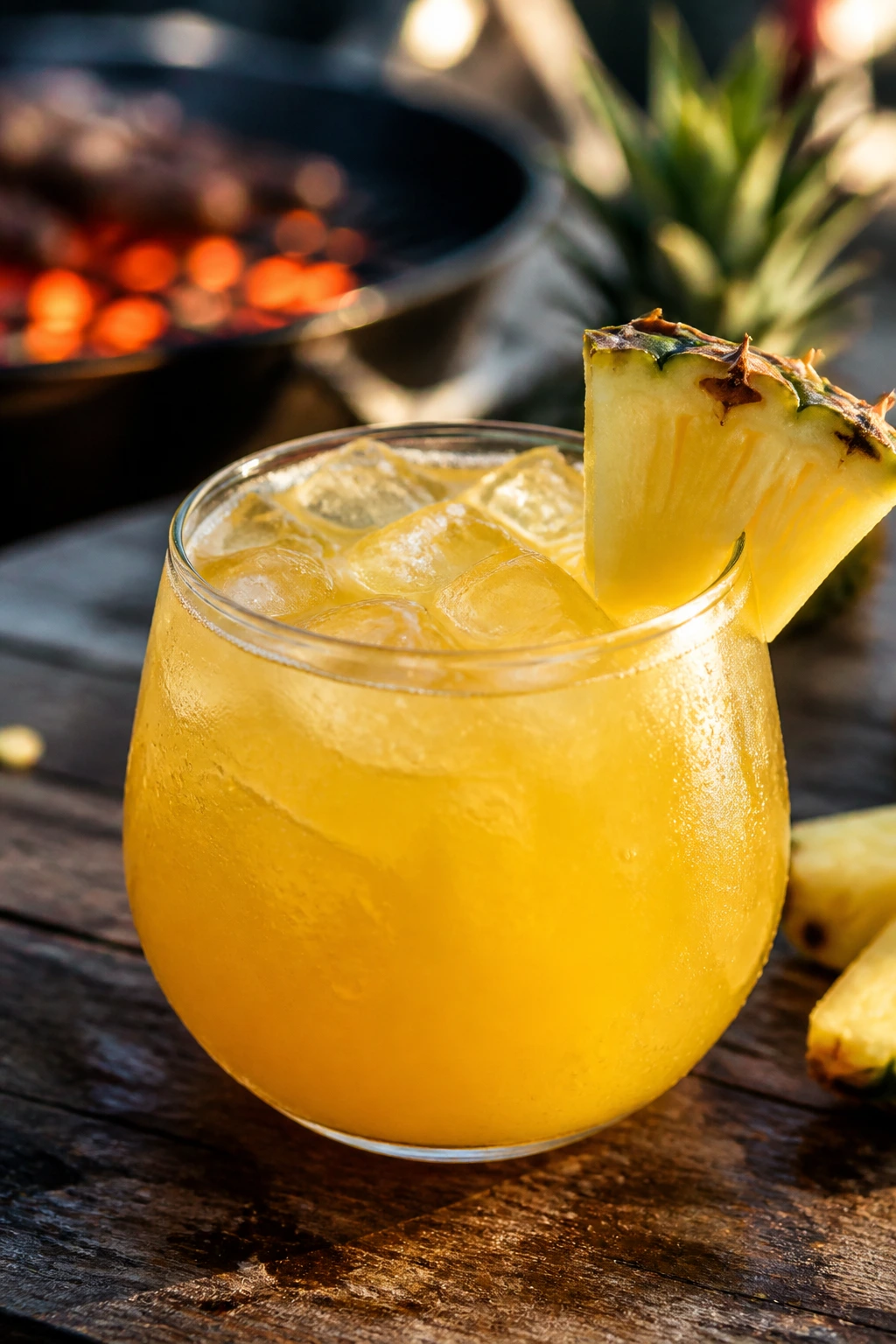 Close-up of a glass filled with Pineapple Rum Punch on a rustic wooden table