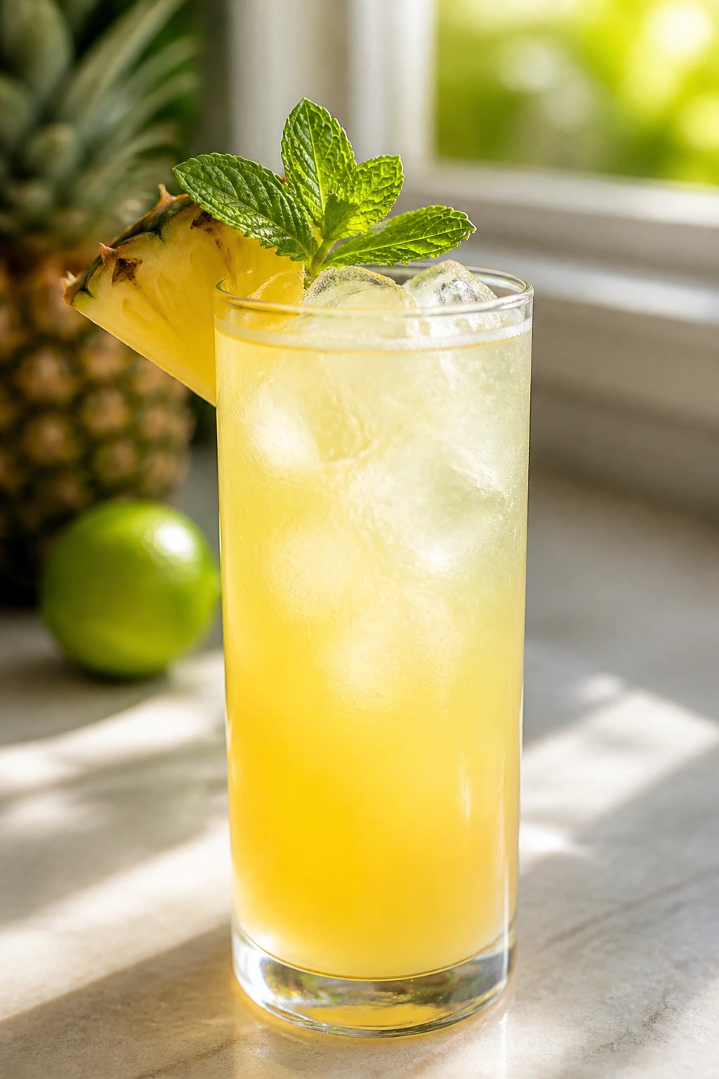 Highball glass with Pineapple Rum Spritz and pineapple mint garnish