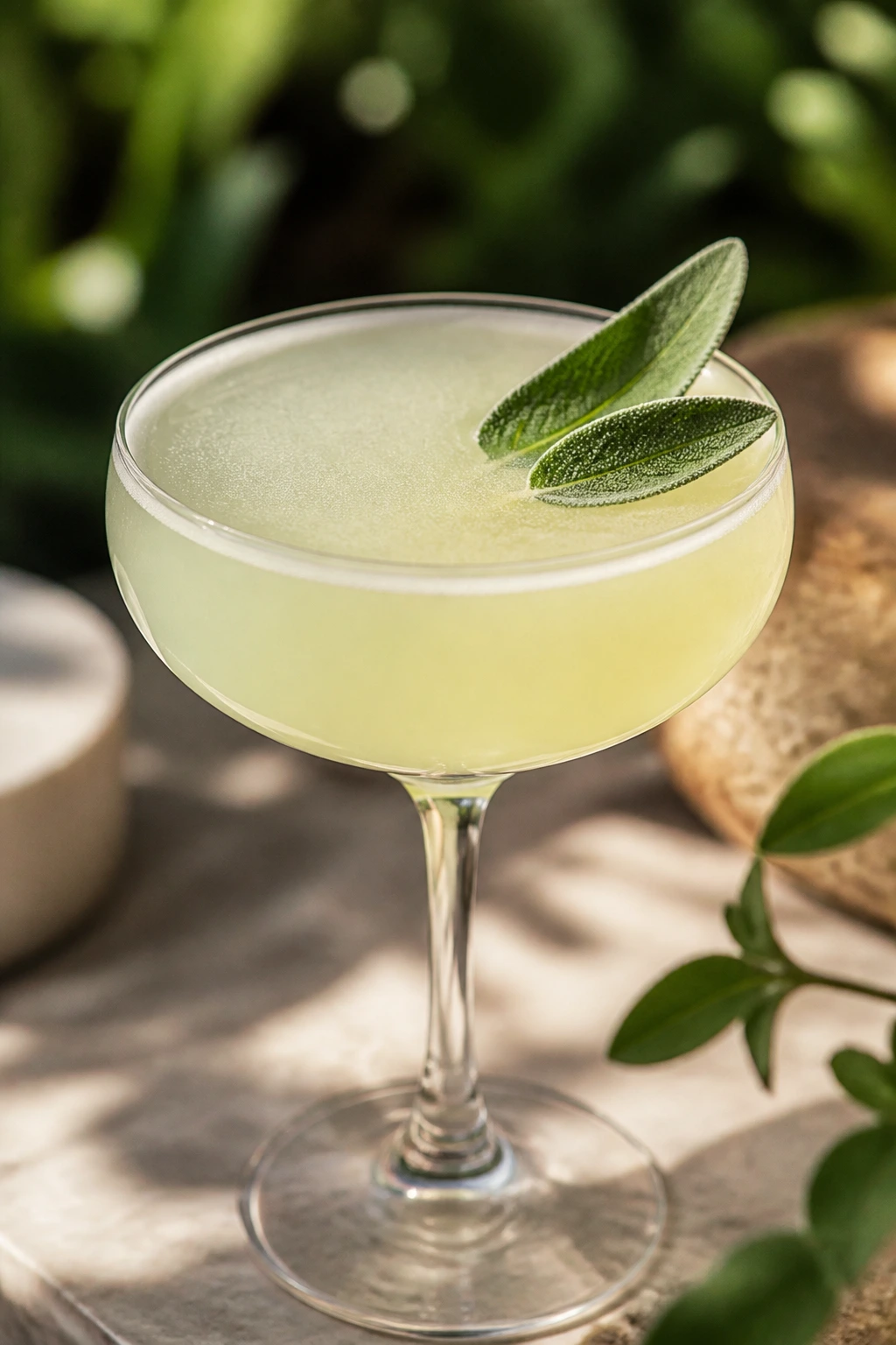 Close-up of Pineapple Sage Gimlet in a coupe with sage leaf