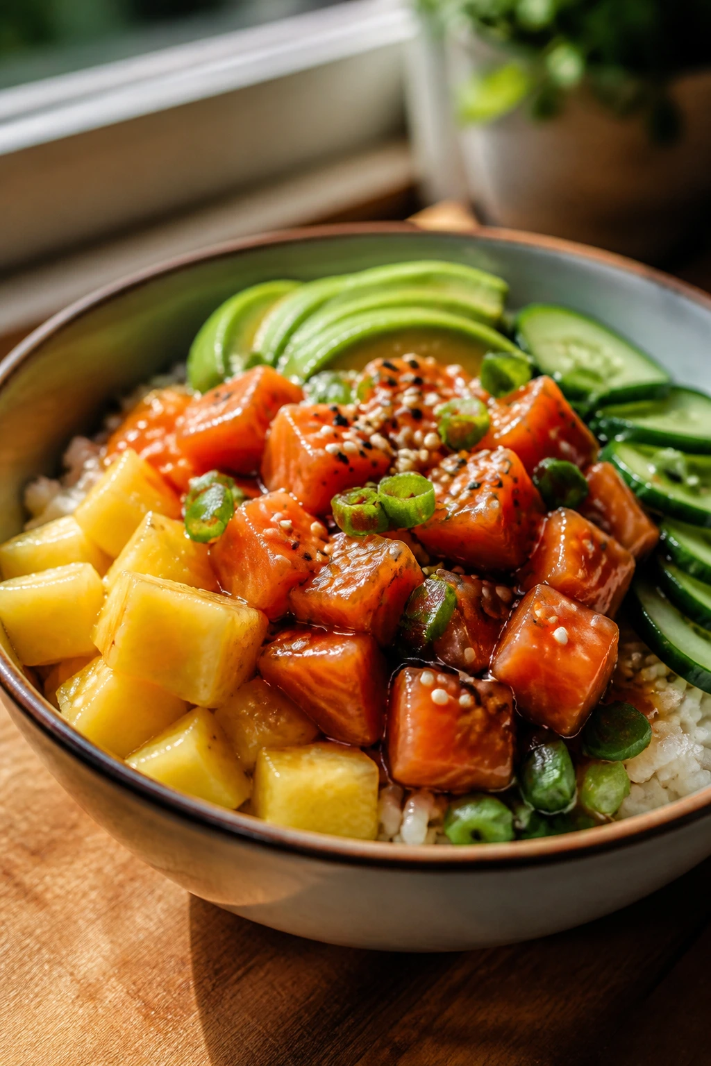 Pineapple-forward salmon poke bowl with avocado and cucumber in daylight