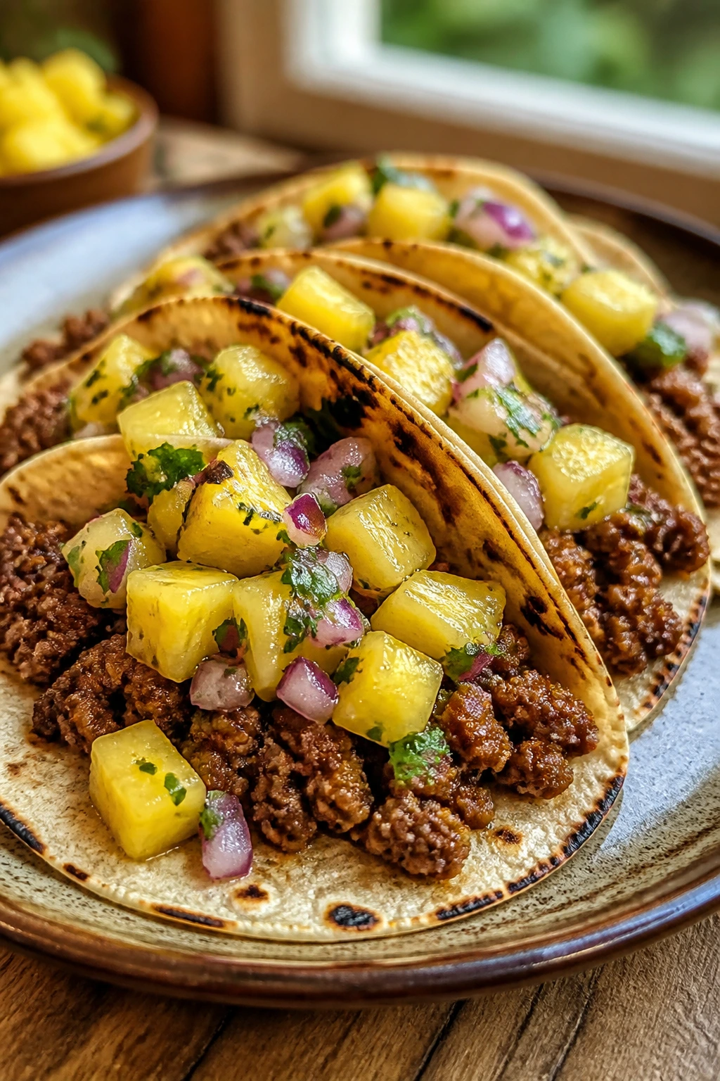 Beef tacos with pineapple salsa on rustic plate
