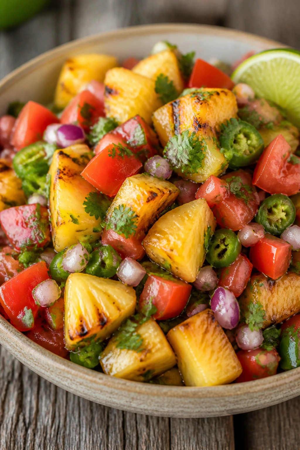 Bright grilled pineapple salsa in a bowl on a picnic table