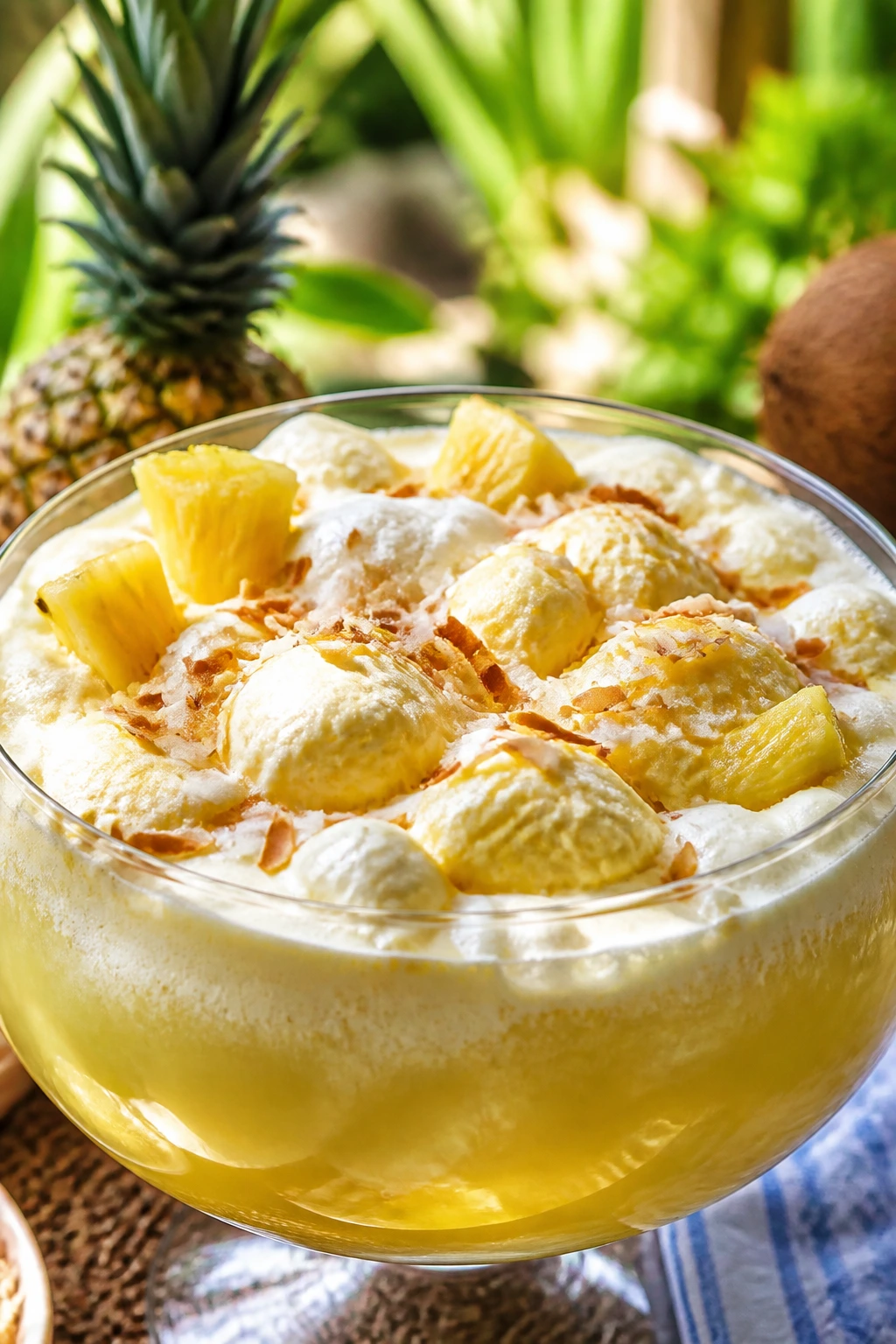 Foamy pineapple coconut sherbet punch with pineapple chunks in a tropical outdoor setting