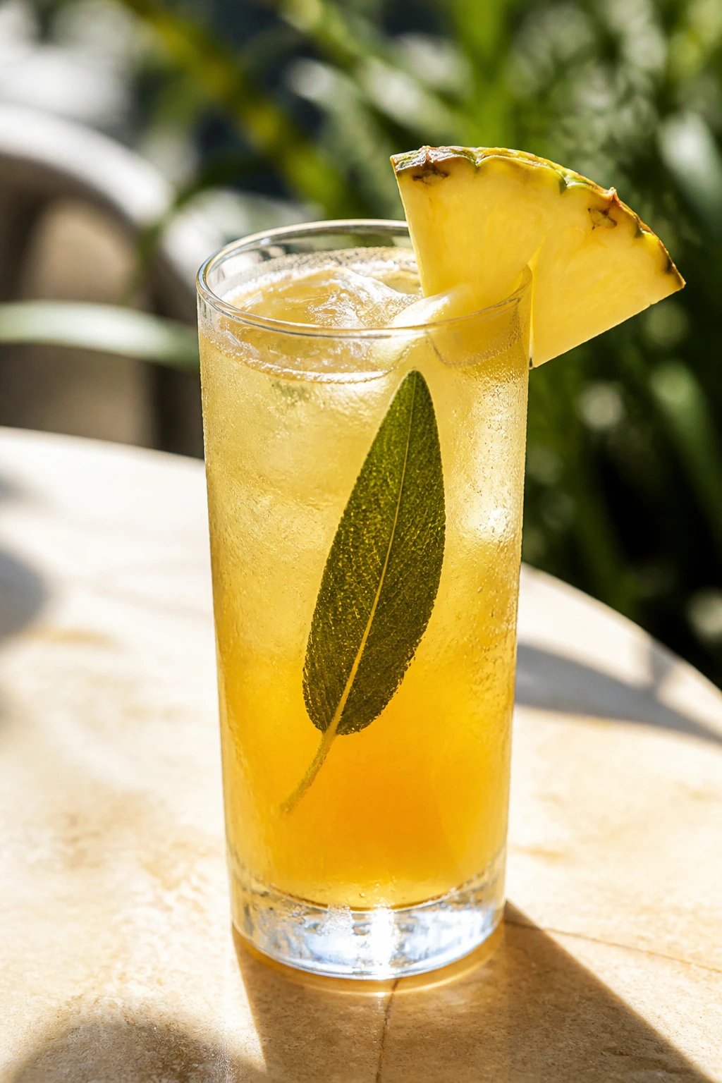 Close-up of Pineapple Sage Shrub Spritz in a glass with a sage leaf and pineapple wedge in bright outdoor light