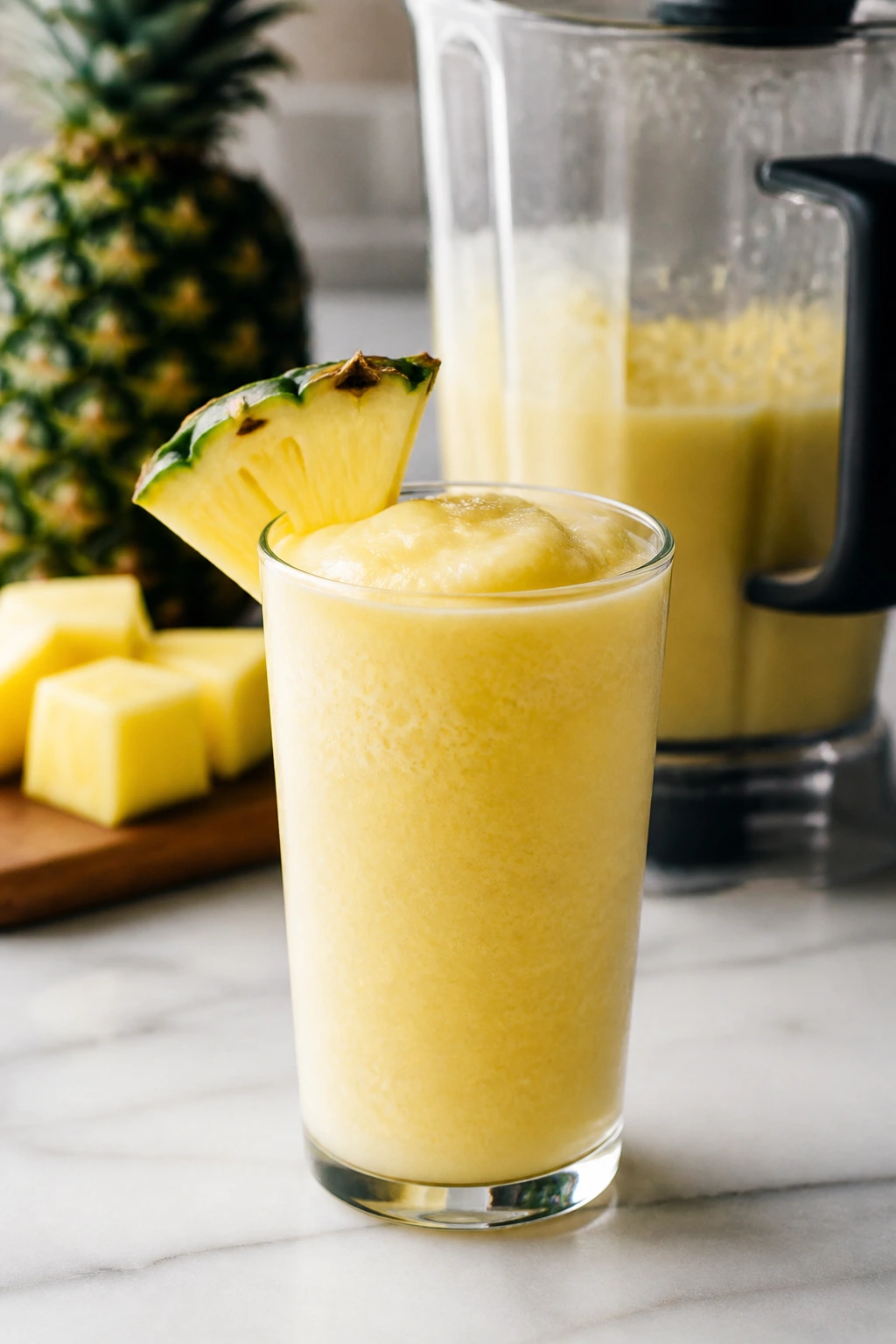 Glass of pineapple smoothie with blender visible in background