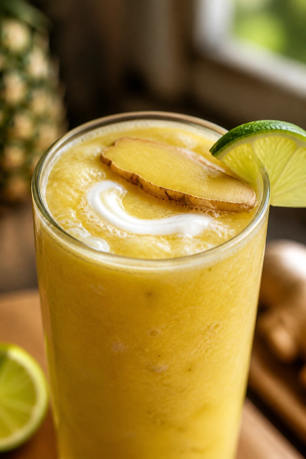 Close-up pineapple smoothie with lime, ginger, and vanilla yogurt boosters in a warm kitchen