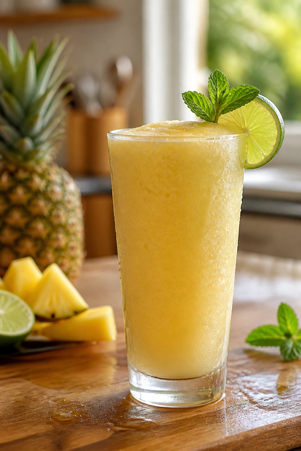 Close-up of a chilled pineapple smoothie in a tall glass with mint and lime garnish.