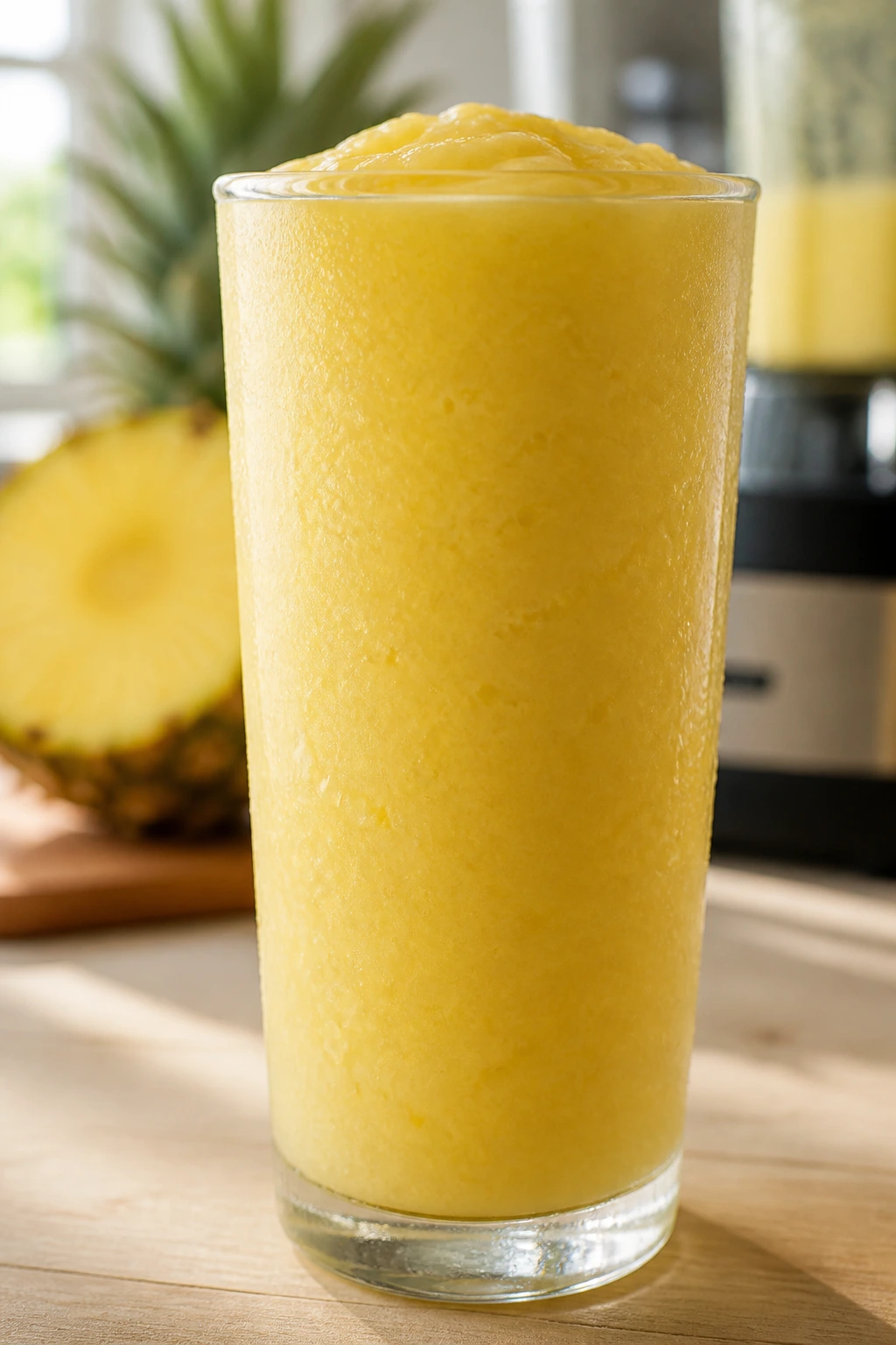 Close up of a tall glass of pineapple smoothie with creamy texture on a bright kitchen counter