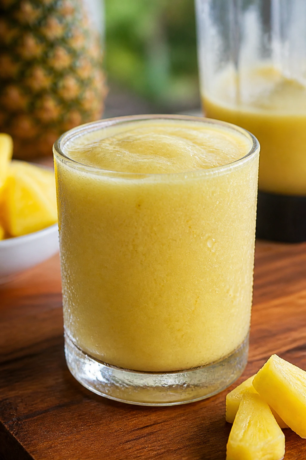 Thick pineapple smoothie in a glass on a wooden table with condensation