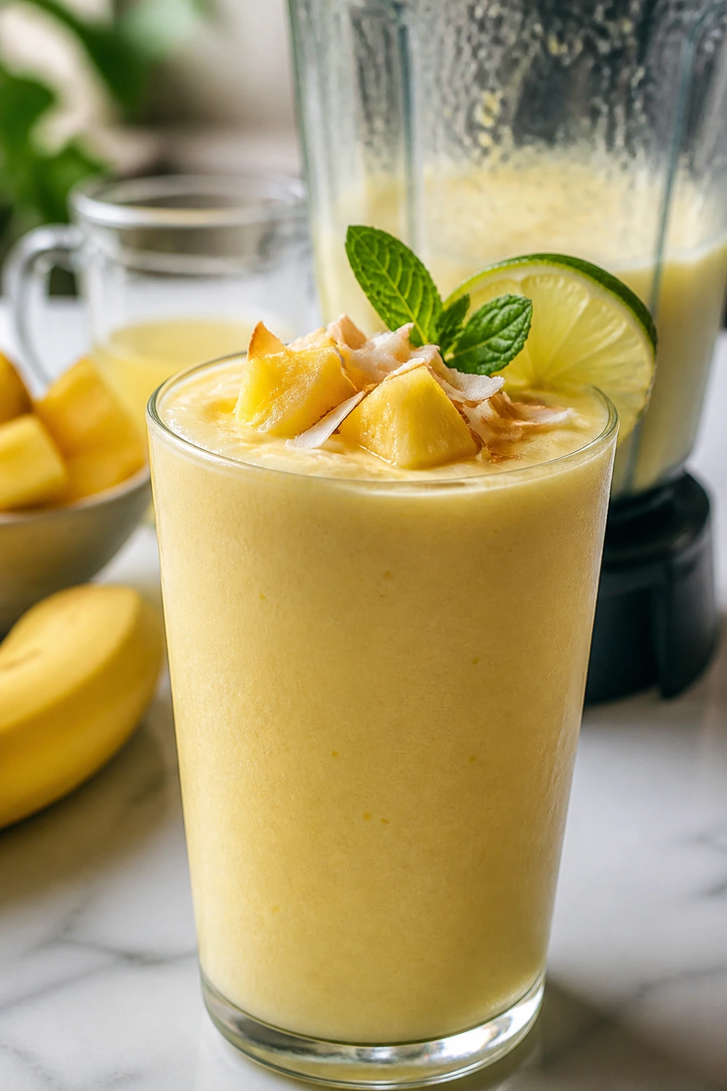 Medium close-up of thick pineapple smoothie in glass on kitchen counter