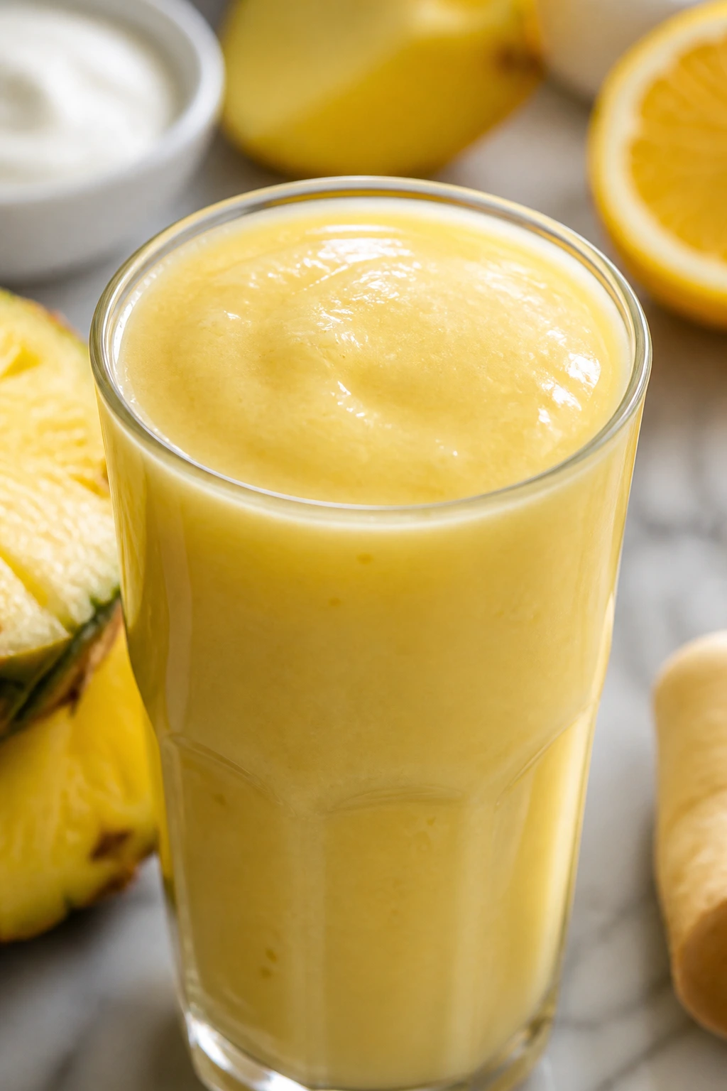 Creamy pineapple smoothie with hints of yogurt and citrus in the background