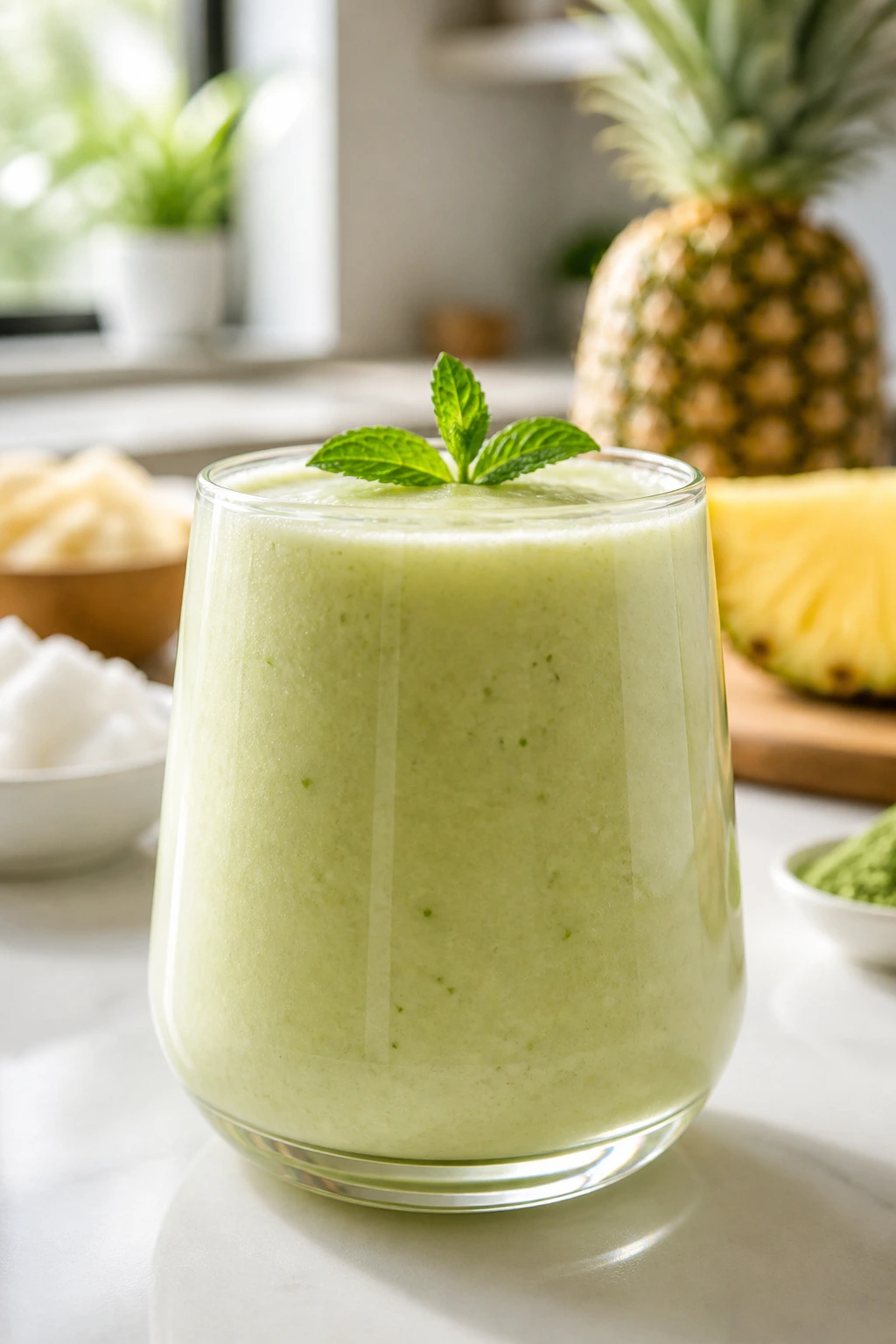 Green-tinted pineapple smoothie in a glass with mint garnish.