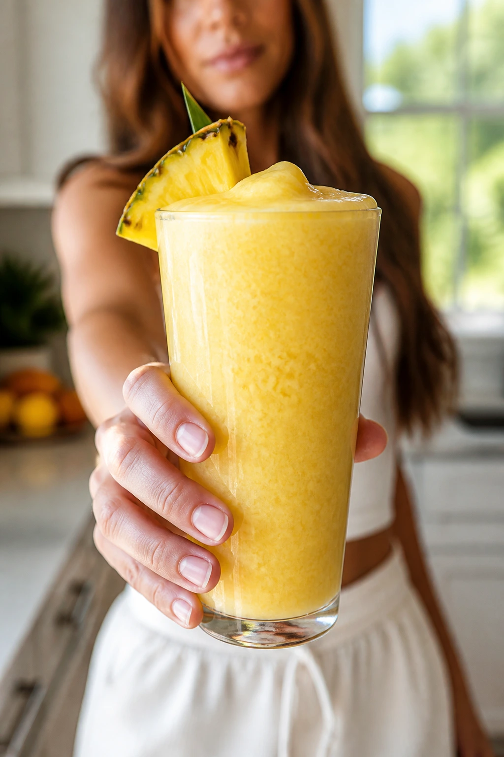 Hand holding pineapple smoothie in a bright kitchen.
