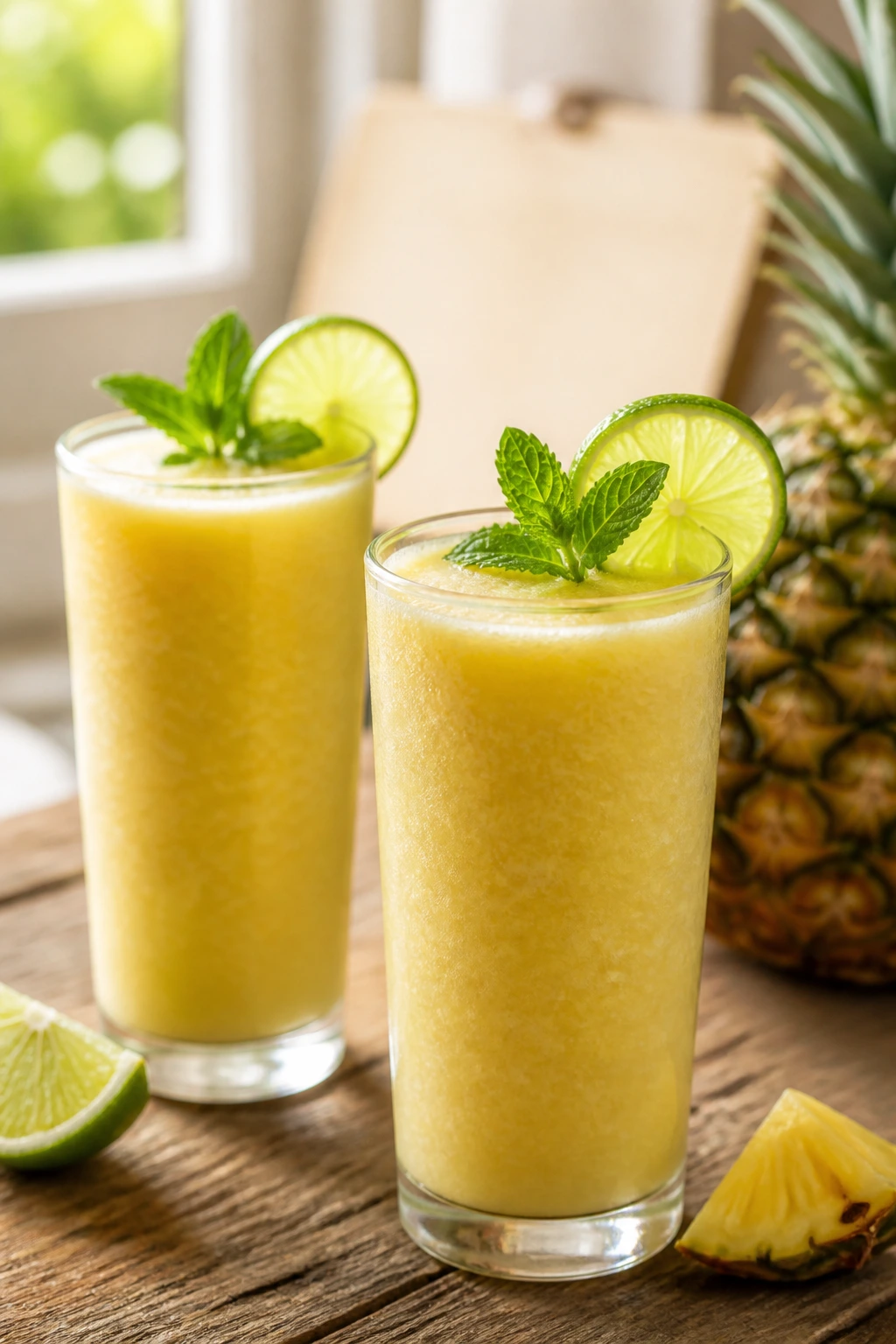 Two pineapple smoothies on a wooden table with a blurred blank recipe card in the background